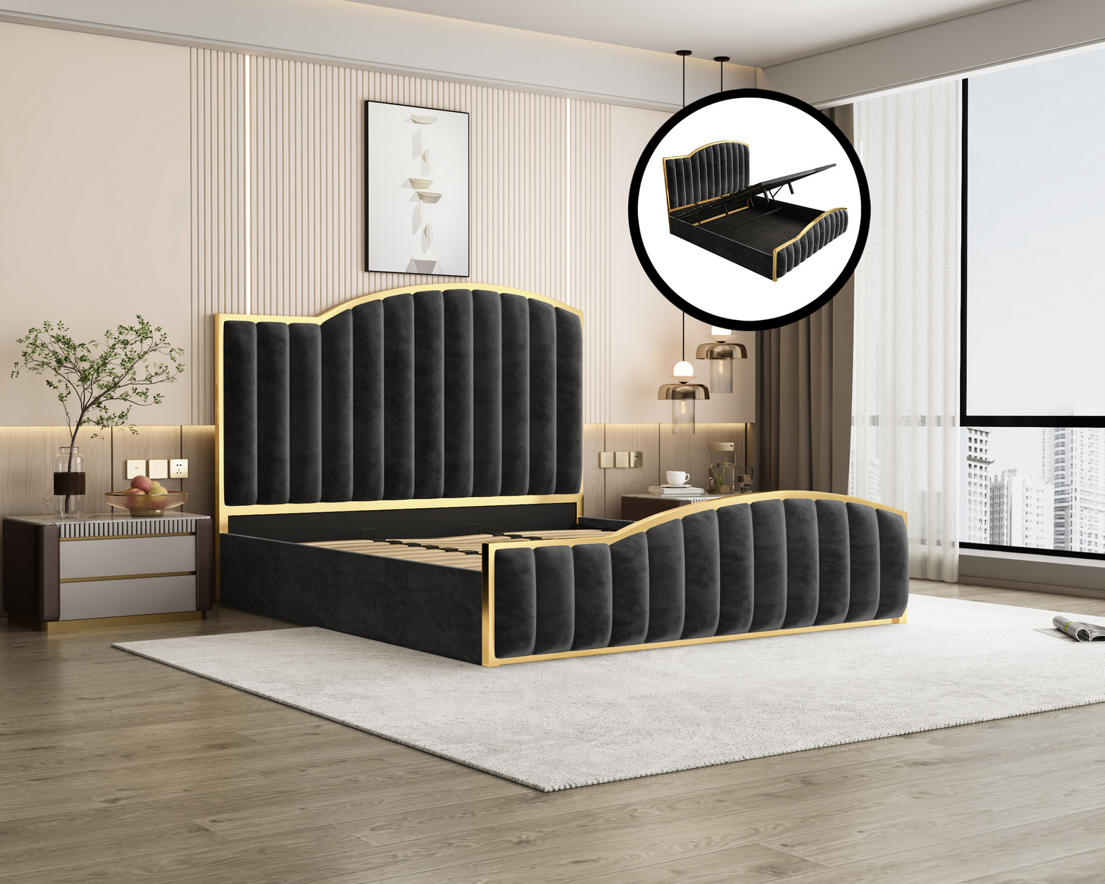 King Size Elegant Luxury Bedframe with Gas Lift Storage Charcoal Velvet Fabric Golden Trim King Size Elegant Luxury Bedframe with Gas Lift Storage Charcoal Velvet Fabric Golden Trim