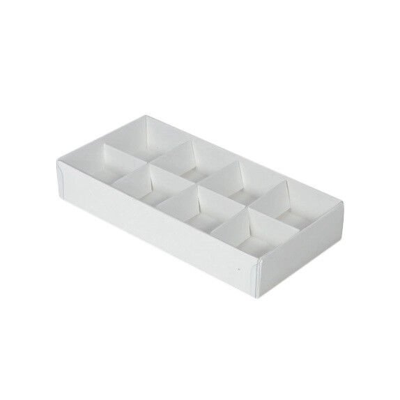 100 Pack of White Card Chocolate Sweet Soap Product Reatail Gift Box - 8 bay 3cm Compartments - Clear Slide On Lid - 16x8x3cm 100 Pack of White Card Chocolate Sweet Soap Product Reatail Gift Box - 8 bay 3cm Compartments - Clear Slide On Lid - 16x8x3cm