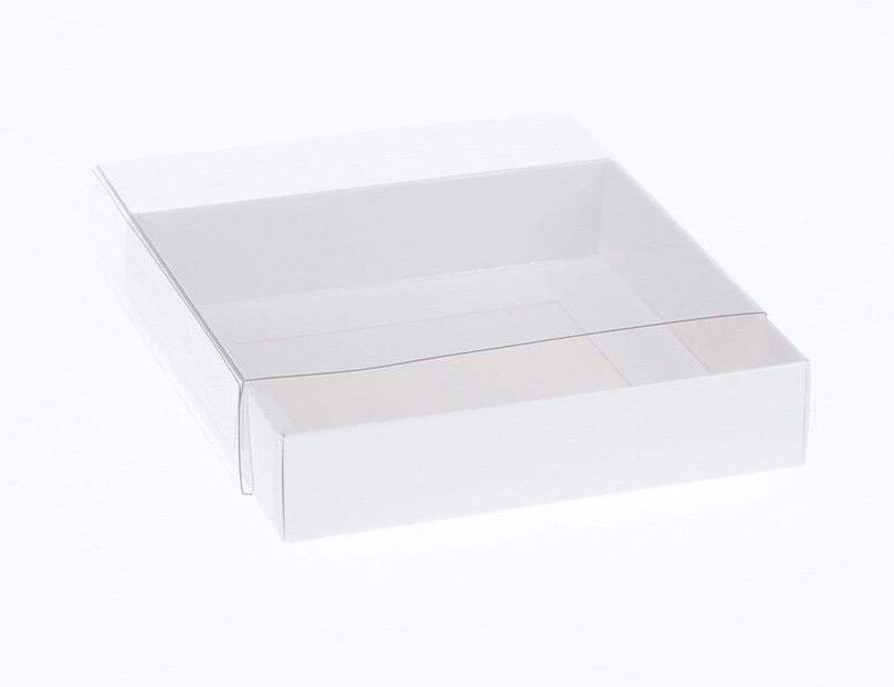 100 Pack of 15cm Square Invitation Coaster Favor Function product Presentation Cookie Biscuit Patisserie Gift Box - 4cm deep - White Card with Clear S 100 Pack of 15cm Square Invitation Coaster Favor Function product Presentation Cookie Biscuit Patisserie Gift Box - 4cm deep - White Card with Clear S
