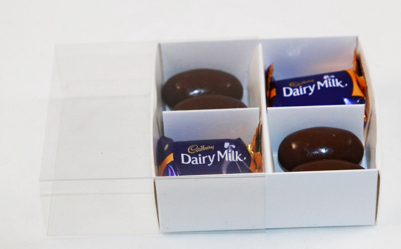 50 Pack of White Card Chocolate Sweet Soap Product Reatail Gift Box - 4 Bay Compartments - Clear Slide On Lid - 8x8x3cm 50 Pack of White Card Chocolate Sweet Soap Product Reatail Gift Box - 4 Bay Compartments - Clear Slide On Lid - 8x8x3cm