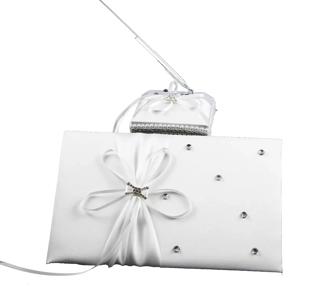 White Wedding Guest Book Register with Silver Pen Matching Stand Set 36 Lined Pages - White Ribbon and Diamante Bow Cover White Wedding Guest Book Register with Silver Pen Matching Stand Set 36 Lined Pages - White Ribbon and Diamante Bow Cover
