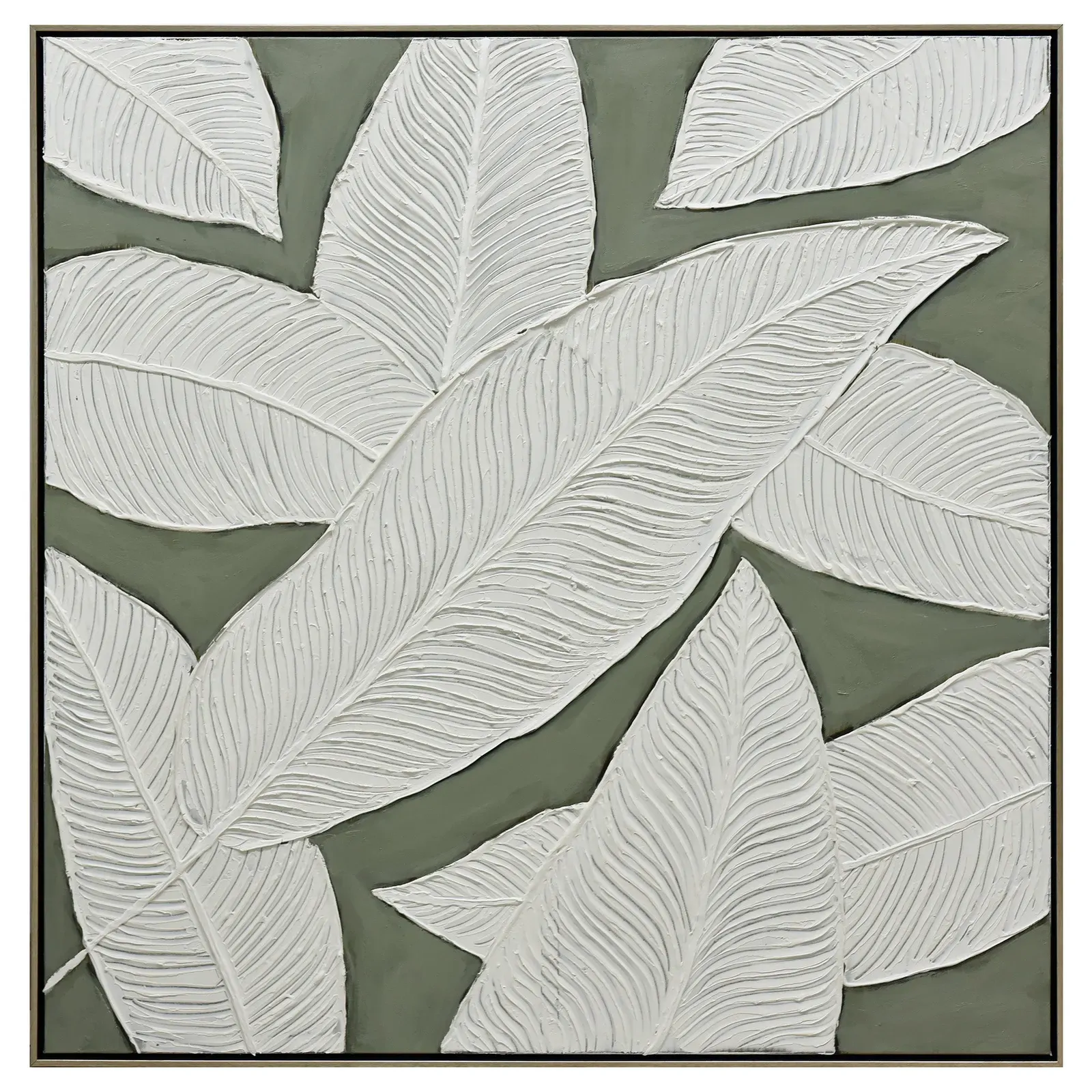 100X100cm Emerald Oasis: Leaves of Serenity Champagne Framed Hand Painted Canvas Wall Art 100X100cm Emerald Oasis: Leaves of Serenity Champagne Framed Hand Painted Canvas Wall Art