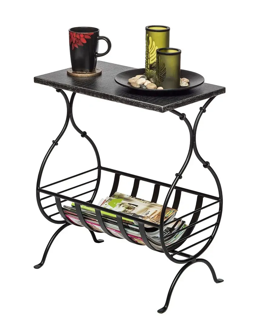 Wauconda Black Iron Side Table with Magazine Storage and Silver Finish Top Wauconda Black Iron Side Table with Magazine Storage and Silver Finish Top