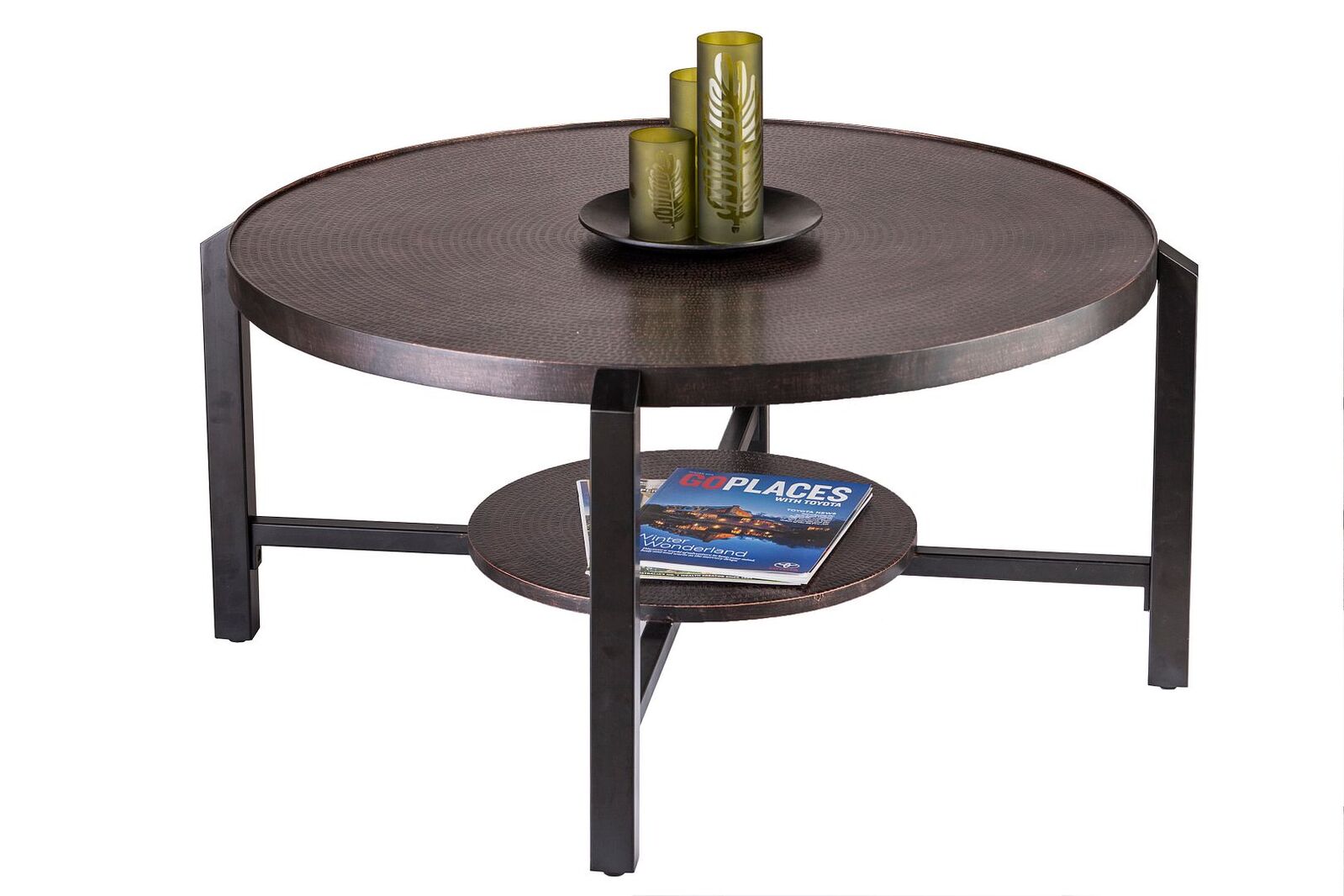 Black Round Coffee Table with Storage Shelf in Copper Finish Top Black Round Coffee Table with Storage Shelf in Copper Finish Top