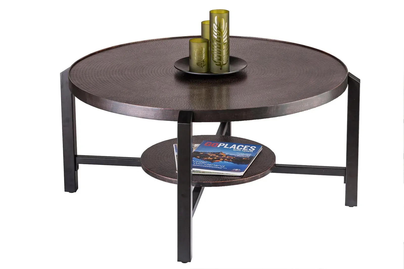 Black Round Coffee Table with Storage Shelf in Copper Finish Top Black Round Coffee Table with Storage Shelf in Copper Finish Top