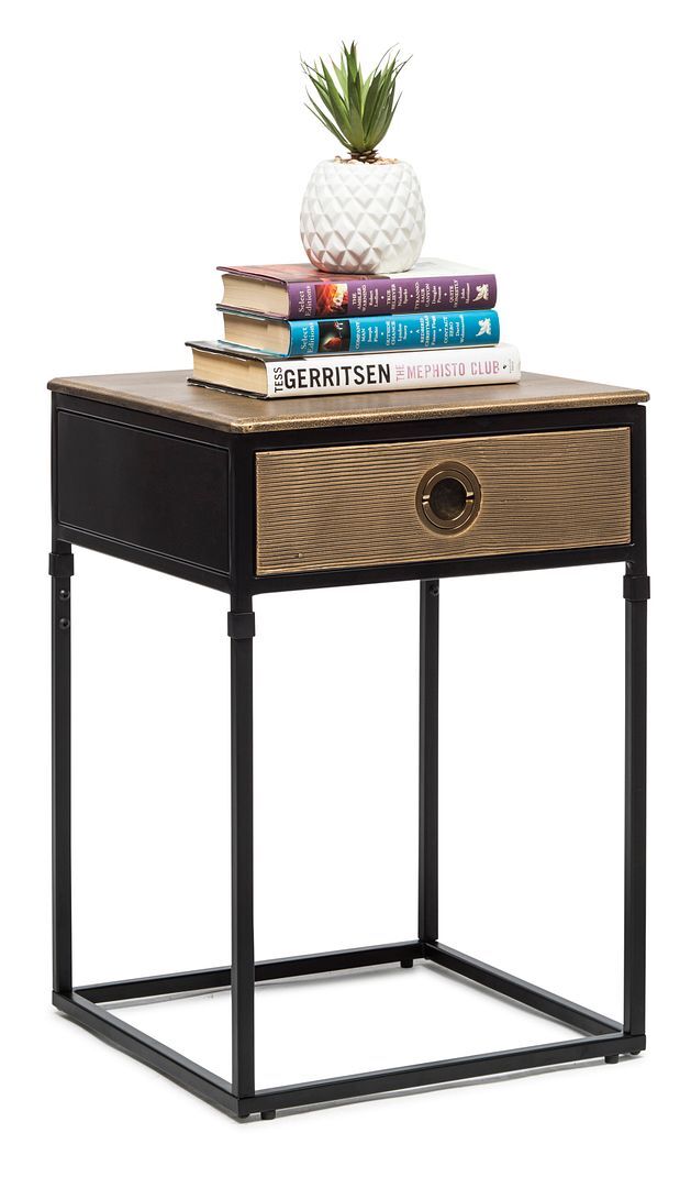 Black Bedside Table with Storage Drawer and Gold Finished Textured Top Black Bedside Table with Storage Drawer and Gold Finished Textured Top