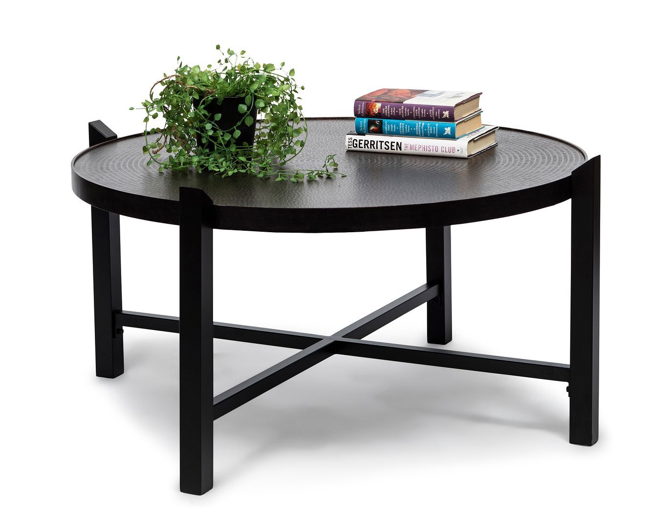 Modern Black Round Coffee Table with Copper Finish Engraved Top Modern Black Round Coffee Table with Copper Finish Engraved Top