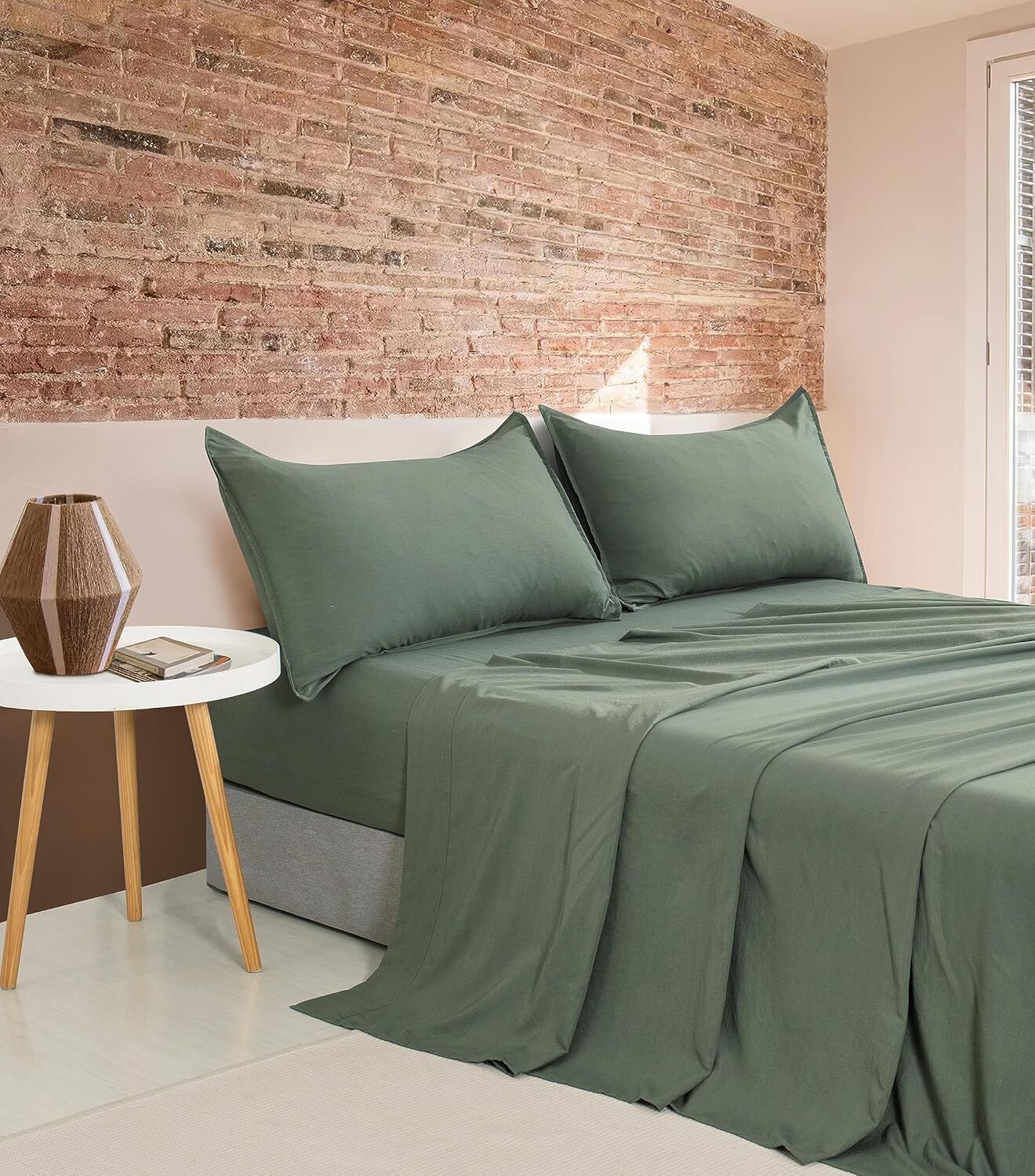 CleverPolly Vintage Washed Microfibre Sheet Set with 2 Pillowcases - Khaki Green - King CleverPolly Vintage Washed Microfibre Sheet Set with 2 Pillowcases - Khaki Green - King