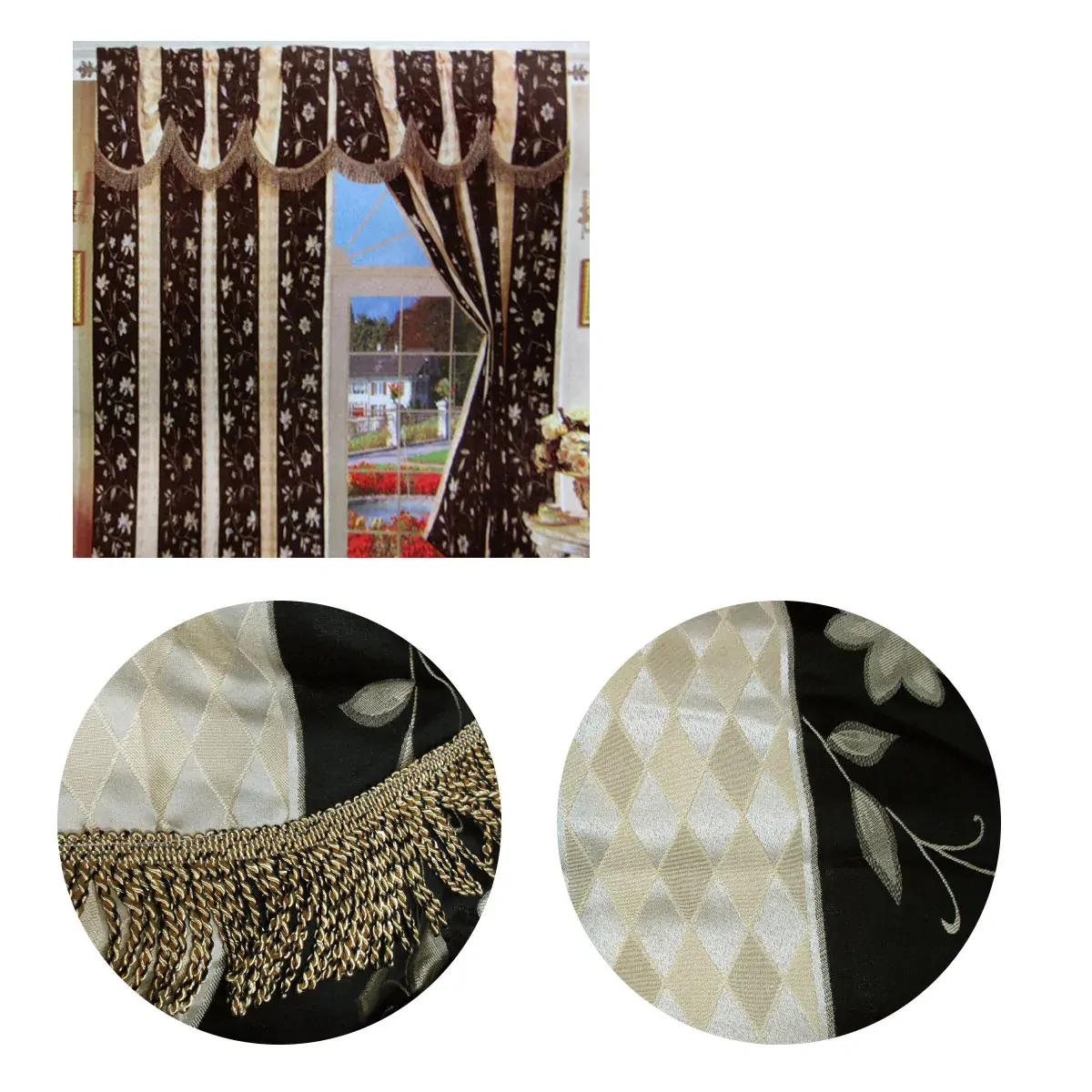 Pair of Caria Black Jacquard Tassels Unlined Curtains 145 x 210 cm Pair of Caria Black Jacquard Tassels Unlined Curtains 145 x 210 cm