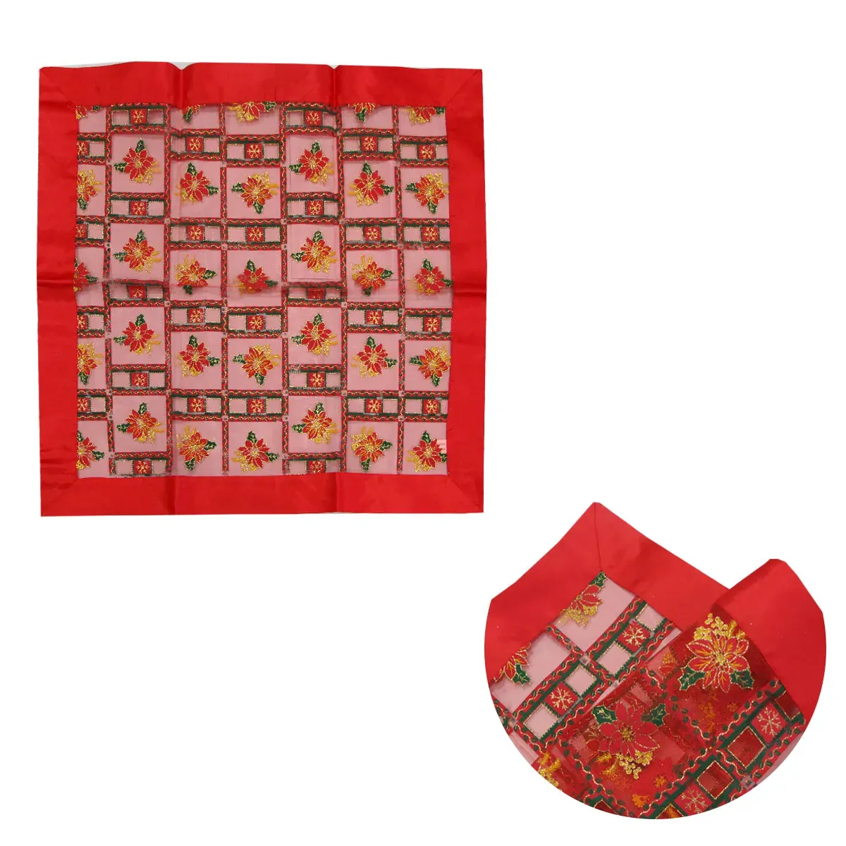 Christmas Red Festival Floral Sheer Organza Glitter Table Cloth Topper 90 x 90 cm Christmas Red Festival Floral Sheer Organza Glitter Table Cloth Topper 90 x 90 cm