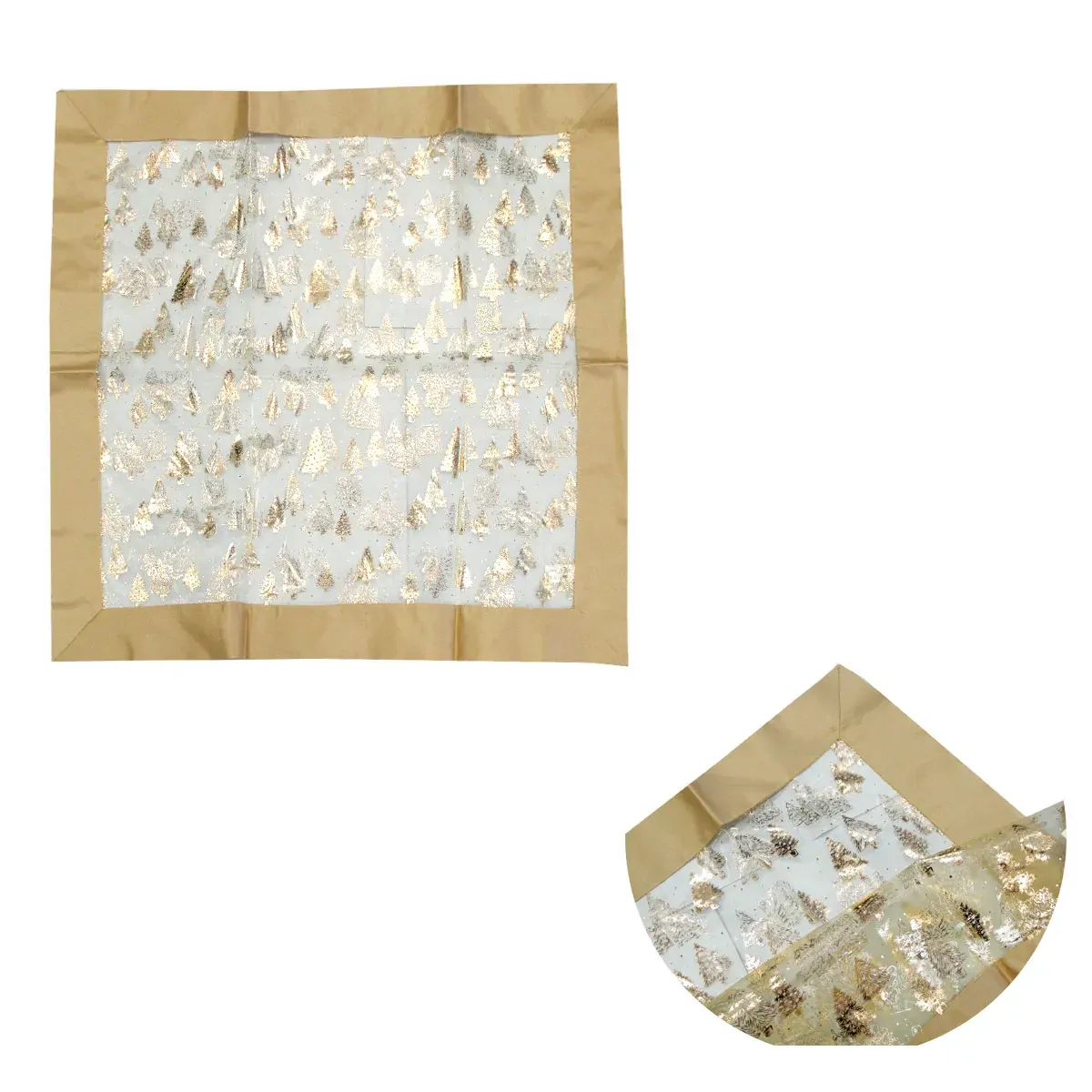 Christmas Gold Trees Sheer Organza Glitter Table Cloth Topper 90 x 90 cm Christmas Gold Trees Sheer Organza Glitter Table Cloth Topper 90 x 90 cm