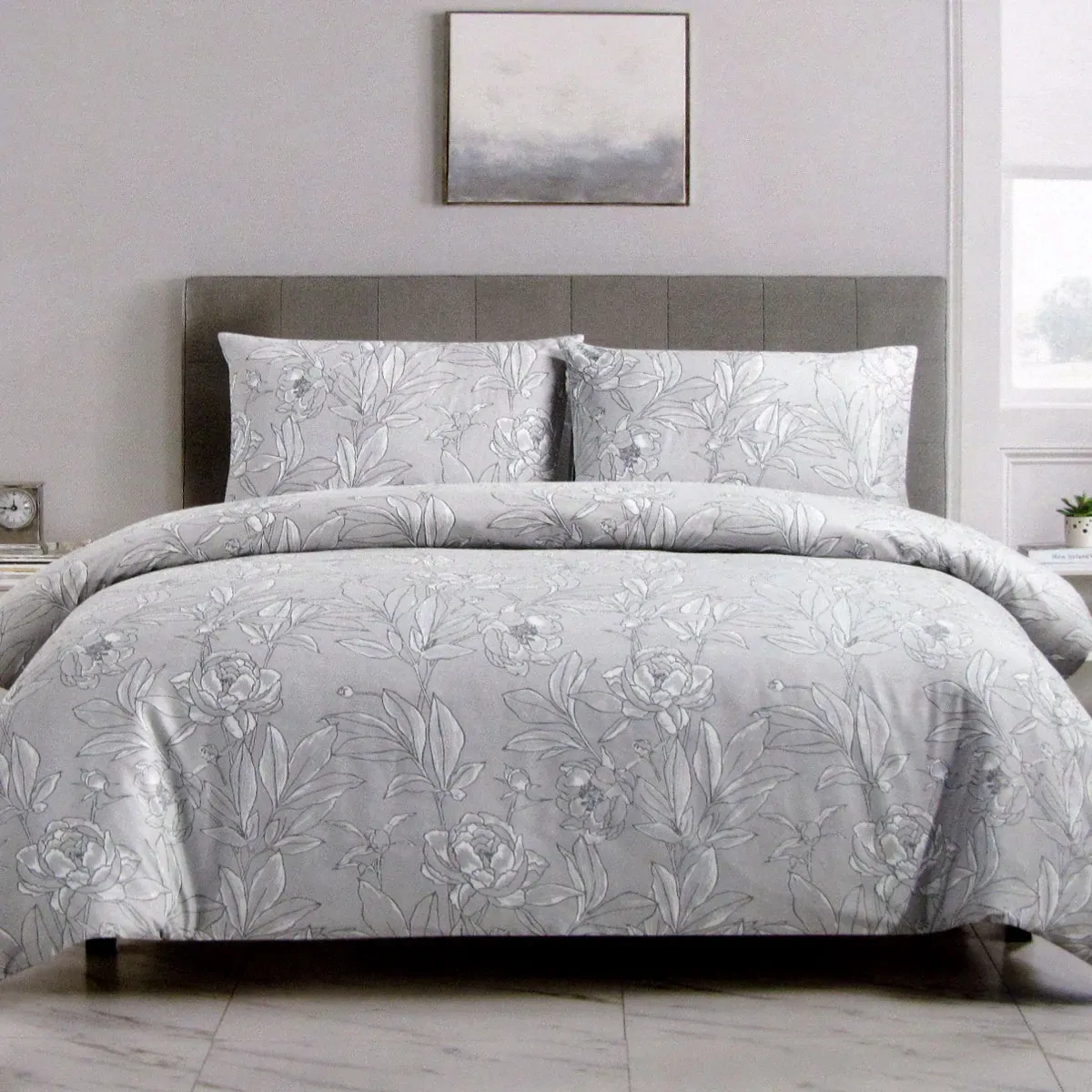 Artex Silver Peony Floral Printed Microfiber Polyester Quilt Cover Set Queen Artex Silver Peony Floral Printed Microfiber Polyester Quilt Cover Set Queen
