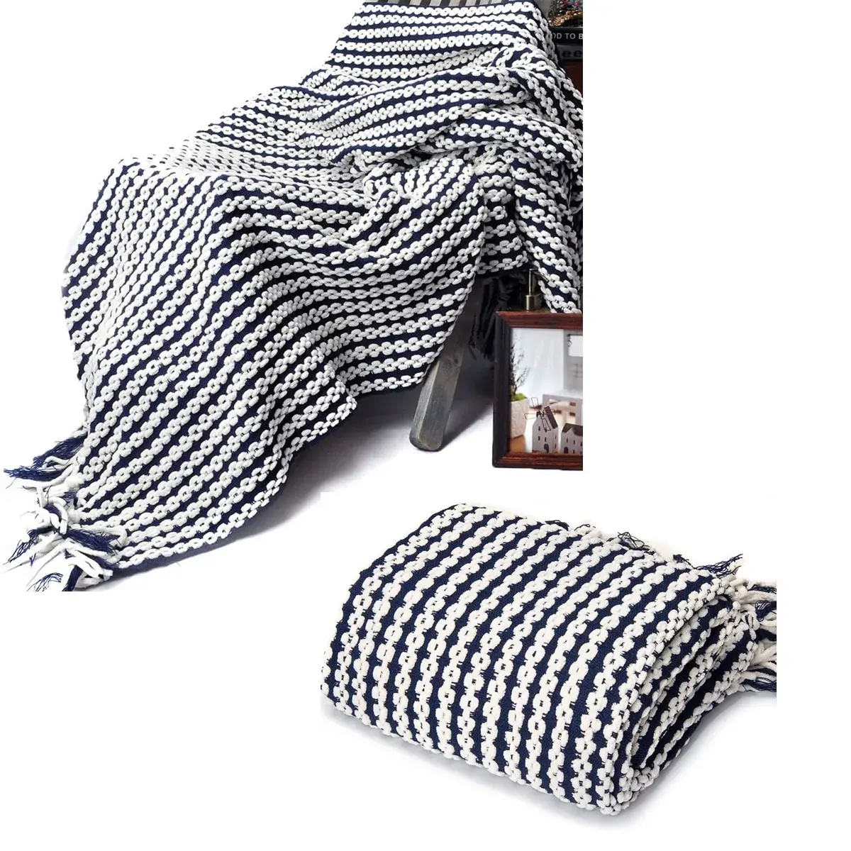 Chains Navy Knitted Throw Rug Chains Navy Knitted Throw Rug