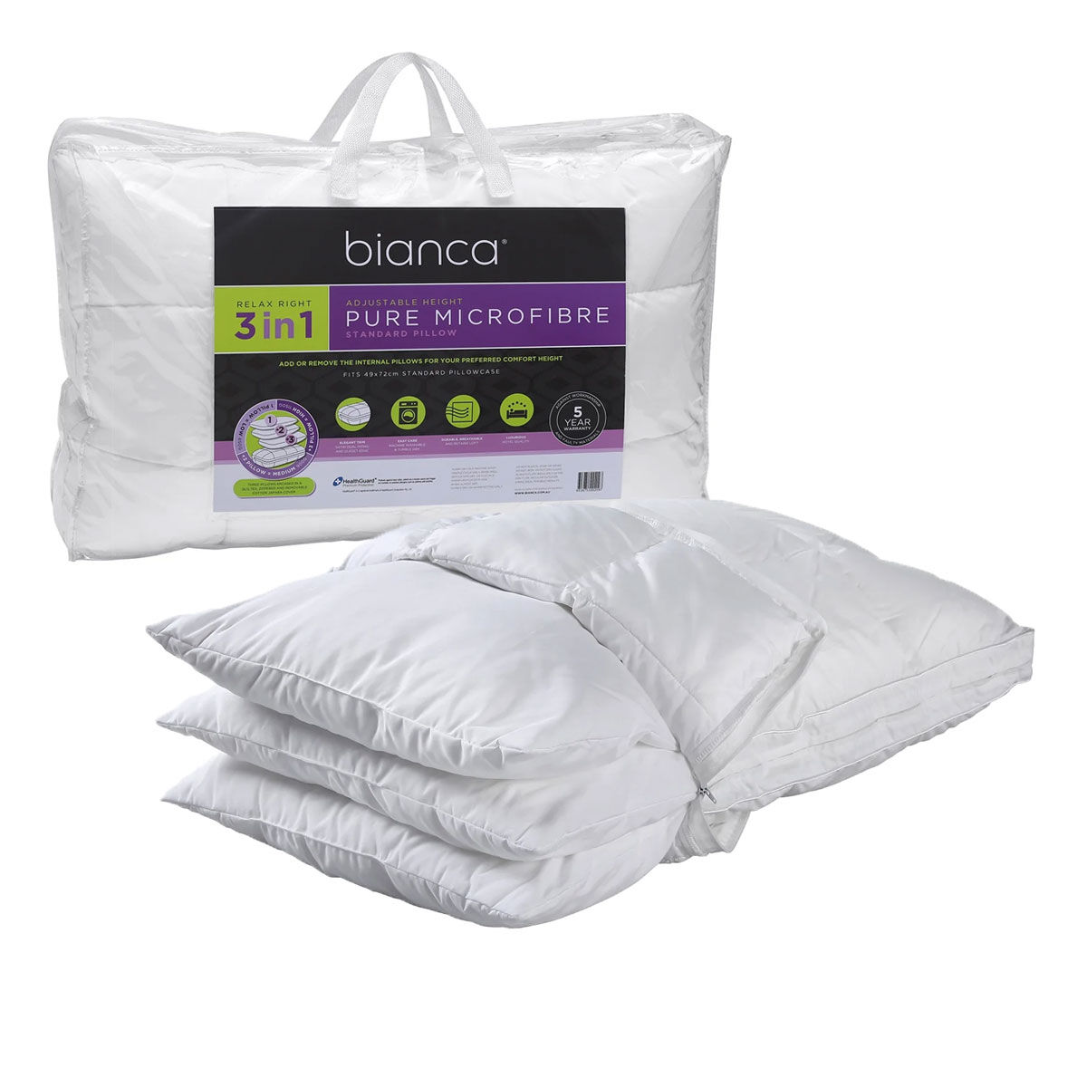 Bianca 1150g Relax Right Pure Microfiber 3 in 1 Adjustable Standard Pillow 49 x 72cm Bianca 1150g Relax Right Pure Microfiber 3 in 1 Adjustable Standard Pillow 49 x 72cm
