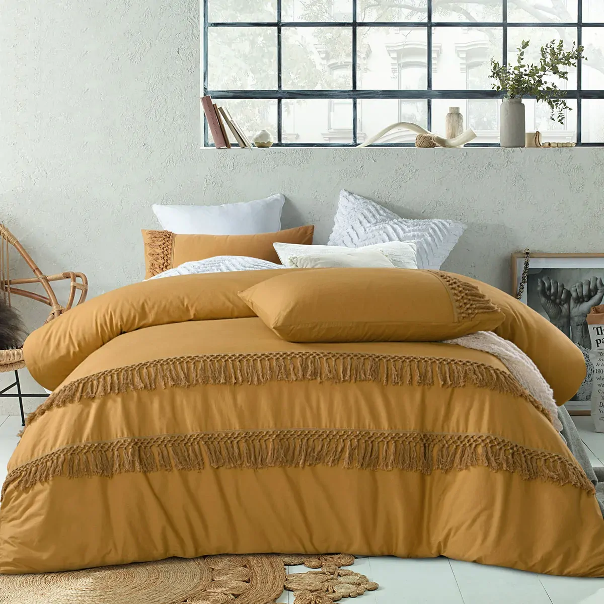 Vintage Design Homewares Boho Ochre Cotton Tassel Quilt Cover Set King Vintage Design Homewares Boho Ochre Cotton Tassel Quilt Cover Set King
