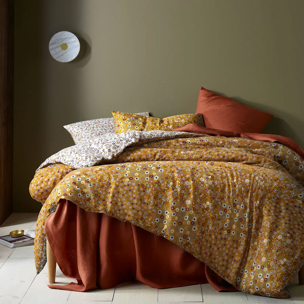 Lisa Ochre Washed Cotton Printed Quilt Cover Set King Lisa Ochre Washed Cotton Printed Quilt Cover Set King
