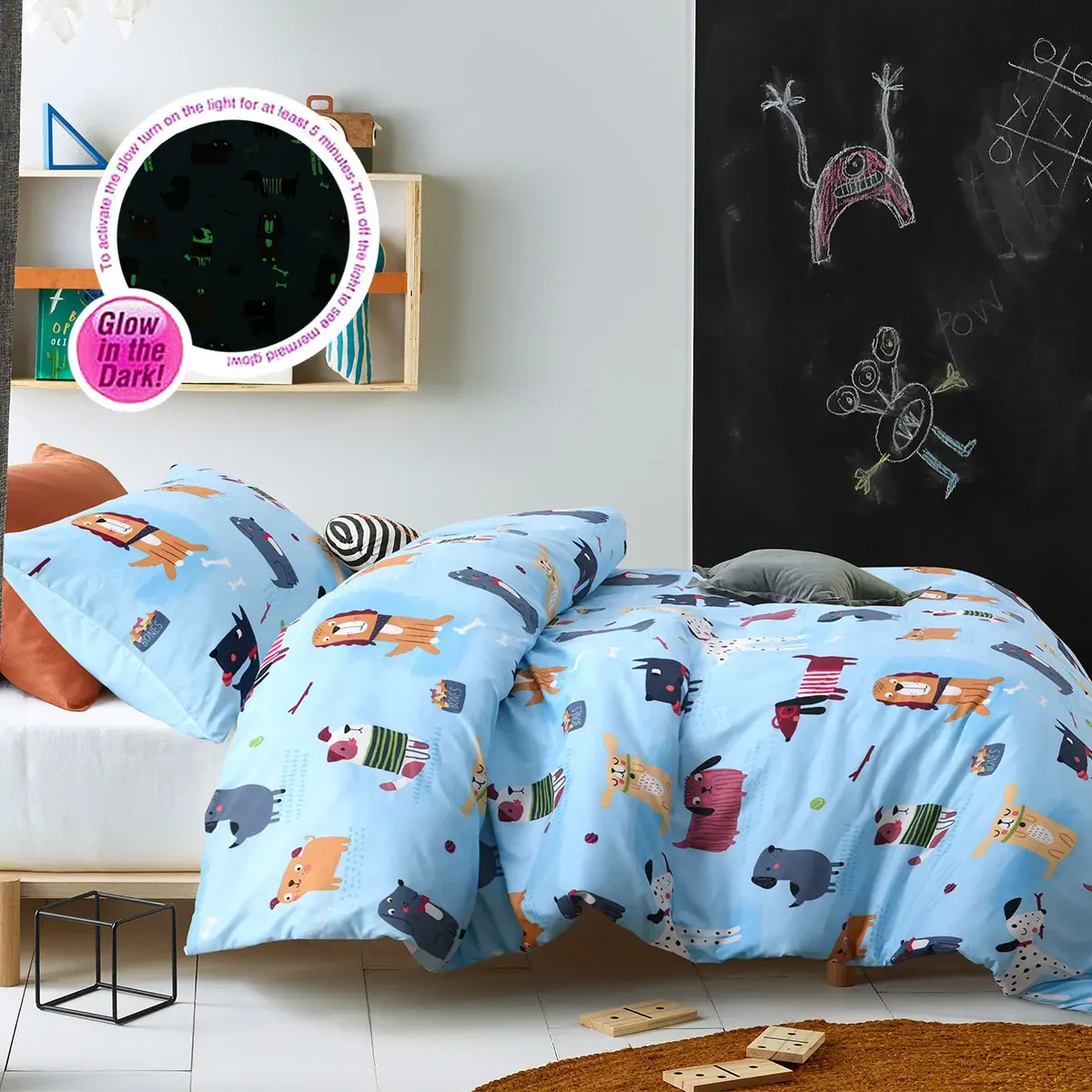 Happy Kids Woof Glow in the Dark Quilt Cover Set Single Happy Kids Woof Glow in the Dark Quilt Cover Set Single