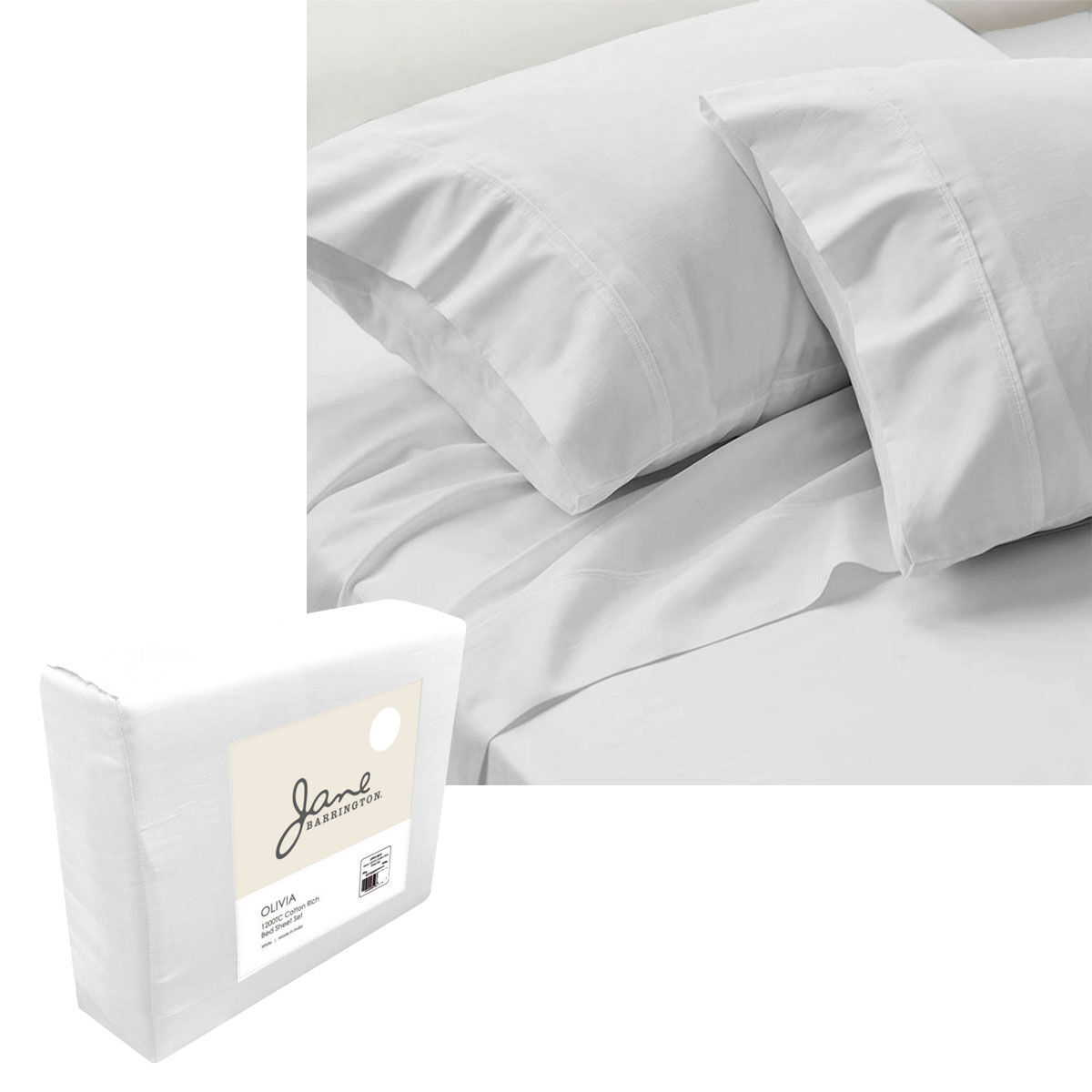 Jane Barrington 1200TC Olivia Cotton Rich Sheet Set 40cm Wall White Queen Jane Barrington 1200TC Olivia Cotton Rich Sheet Set 40cm Wall White Queen