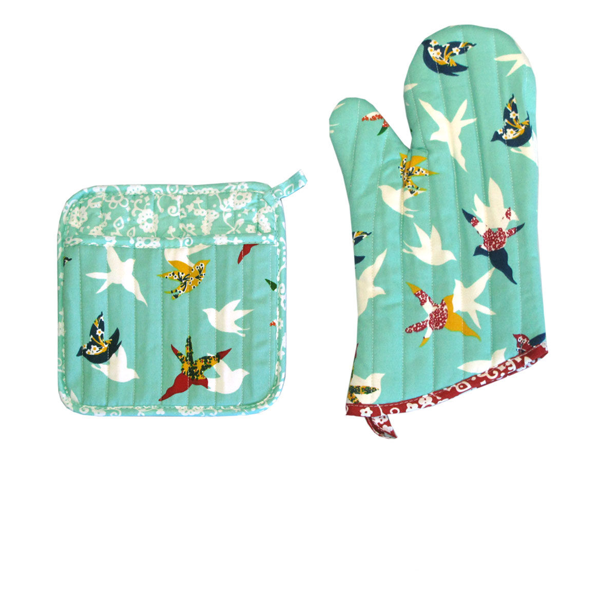 Set of 100% Cotton Printed Oven Mitt + Pot Holder Aqua Birds Set of 100% Cotton Printed Oven Mitt + Pot Holder Aqua Birds