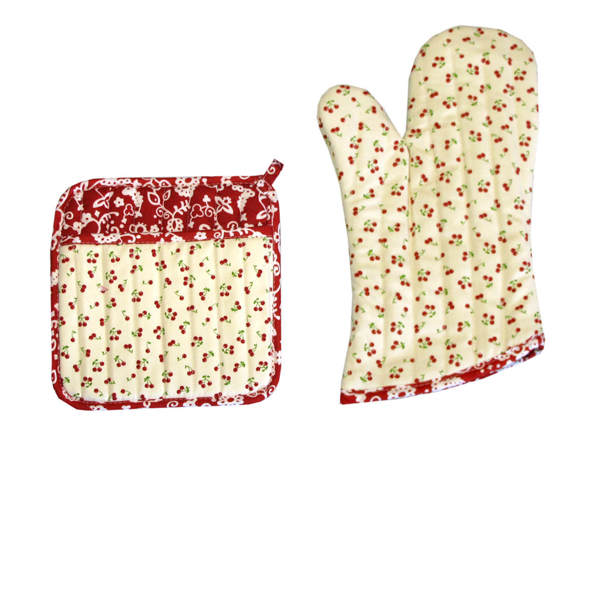 Set of 100% Cotton Printed Oven Mitt + Pot Holder Cream Cherries Set of 100% Cotton Printed Oven Mitt + Pot Holder Cream Cherries