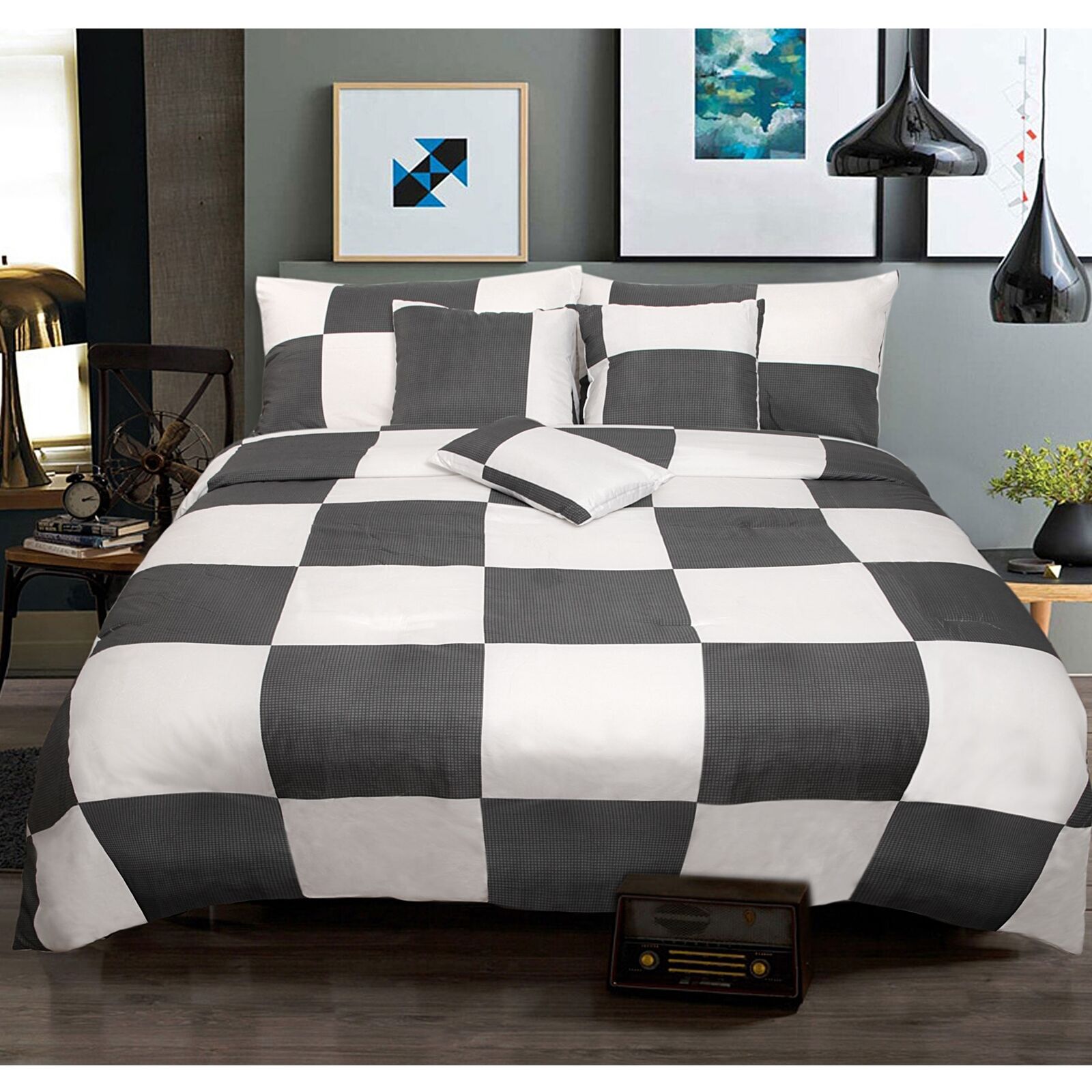 6 Piece Comforter Set Check Charcoal Queen by Shangri La 6 Piece Comforter Set Check Charcoal Queen by Shangri La