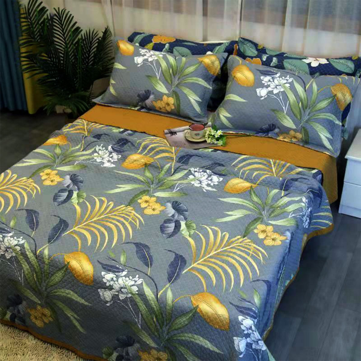 100% Cotton Coverlet Set Embroidered Palm Queen 100% Cotton Coverlet Set Embroidered Palm Queen