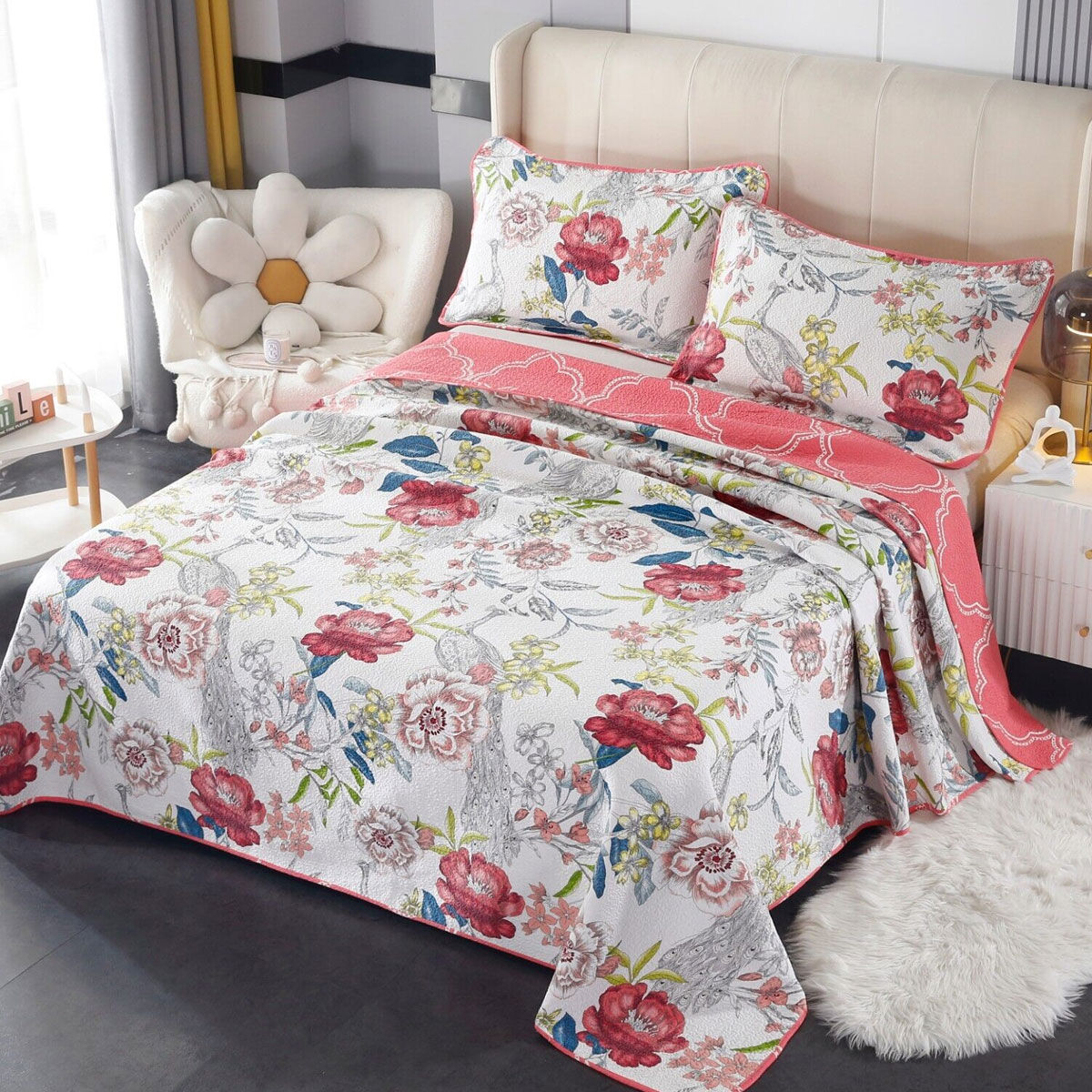 100% Cotton Lightly Quilted Coverlet Set Peacock Garden Pink Queen 100% Cotton Lightly Quilted Coverlet Set Peacock Garden Pink Queen