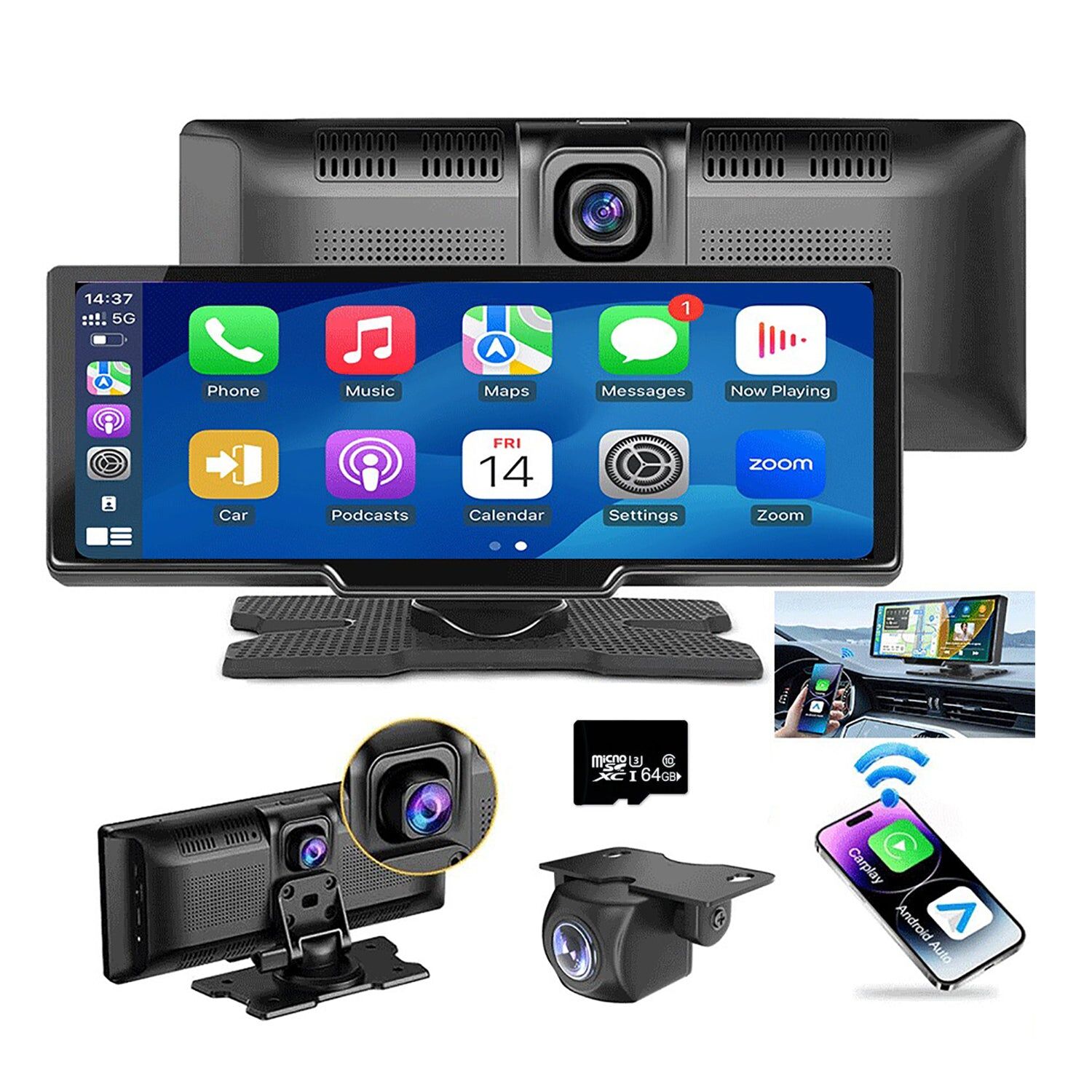 10.26" Wireless Apple Android Carplay Dual Dash Cam Front Rear Camera with 64G Card 10.26" Wireless Apple Android Carplay Dual Dash Cam Front Rear Camera with 64G Card
