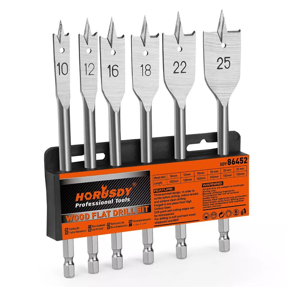 6-Pieces Flat Wood Boring Spade Drill Bit Set Drillbits 10-25mm Bits 1/4" Shank 6-Pieces Flat Wood Boring Spade Drill Bit Set Drillbits 10-25mm Bits 1/4" Shank