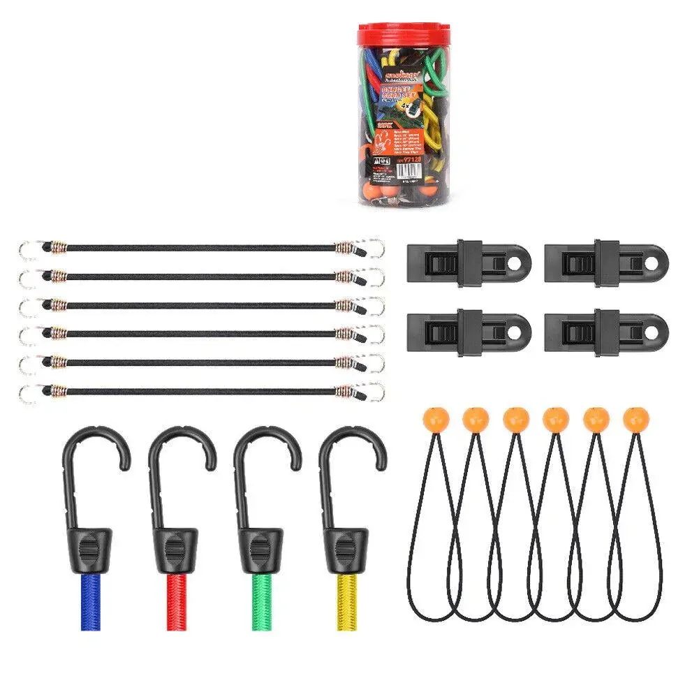 30-Piece Premium Bungee Cord Assortment Includes 10” to 40” Bungee Cords, Canopy Ties & Tarp Clips 30-Piece Premium Bungee Cord Assortment Includes 10” to 40” Bungee Cords, Canopy Ties & Tarp Clips