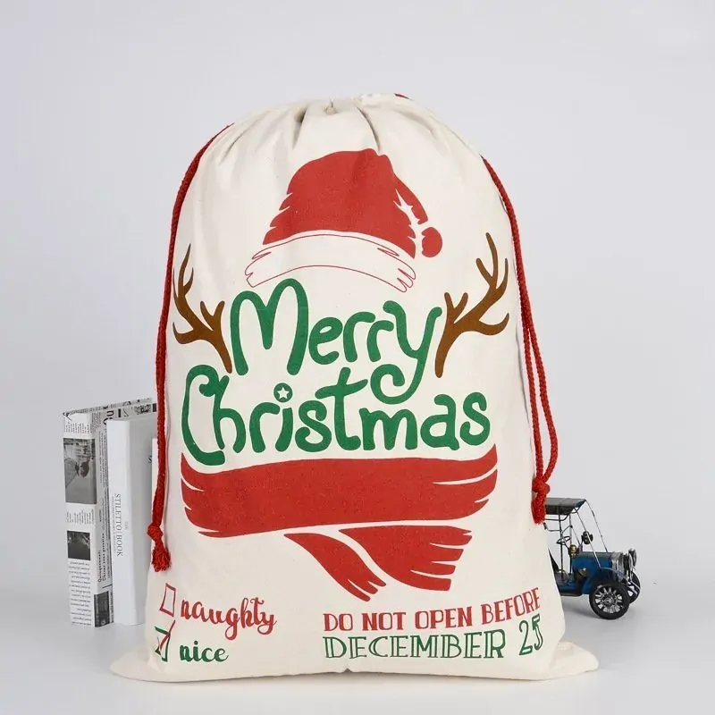 50x70cm Canvas Hessian Christmas Santa Sack Xmas Stocking Reindeer Kids Gift Bag, Cream - Merry Xmas w Antler 50x70cm Canvas Hessian Christmas Santa Sack Xmas Stocking Reindeer Kids Gift Bag, Cream - Merry Xmas w Antler