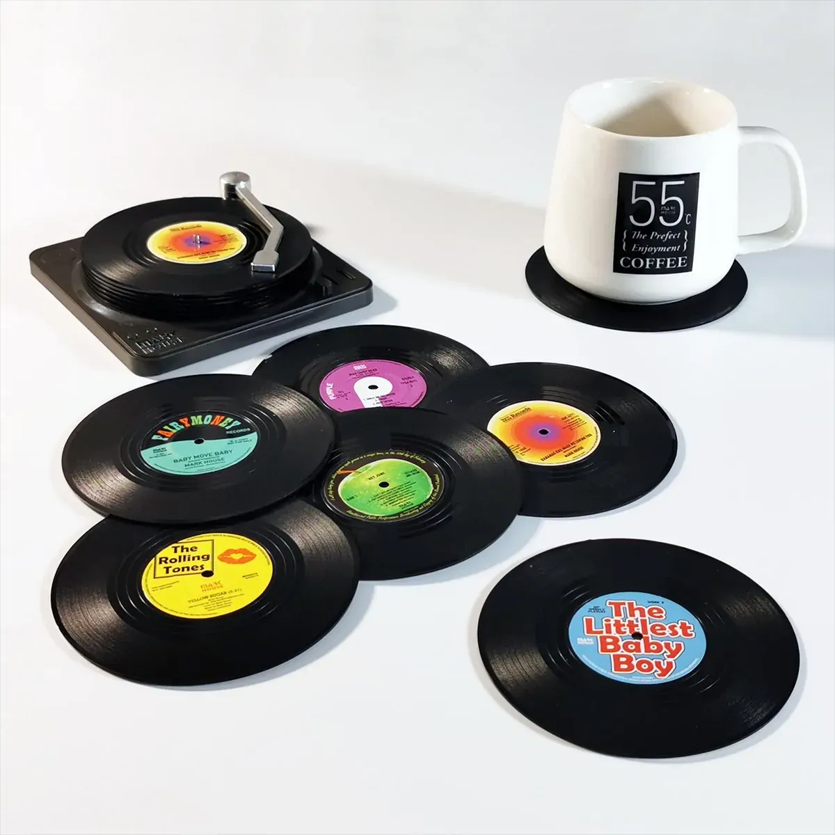 6x Creative Vinyl Record Cup Coasters w Holder Glass Drink Tableware Home Décor, A w/ Record Player Holder 6x Creative Vinyl Record Cup Coasters w Holder Glass Drink Tableware Home Décor, A w/ Record Player Holder