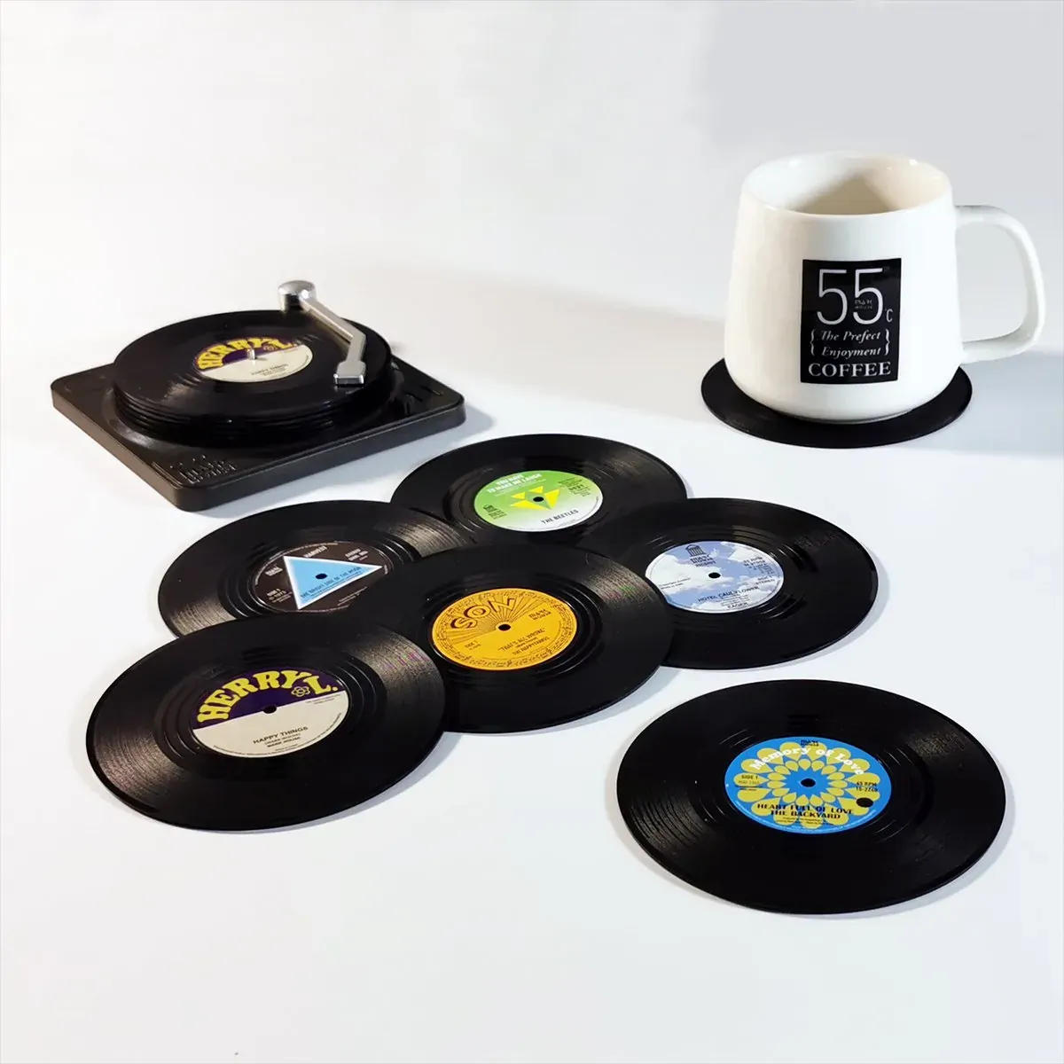 6x Creative Vinyl Record Cup Coasters w Holder Glass Drink Tableware Home Décor, B w/ Record Player Holder 6x Creative Vinyl Record Cup Coasters w Holder Glass Drink Tableware Home Décor, B w/ Record Player Holder