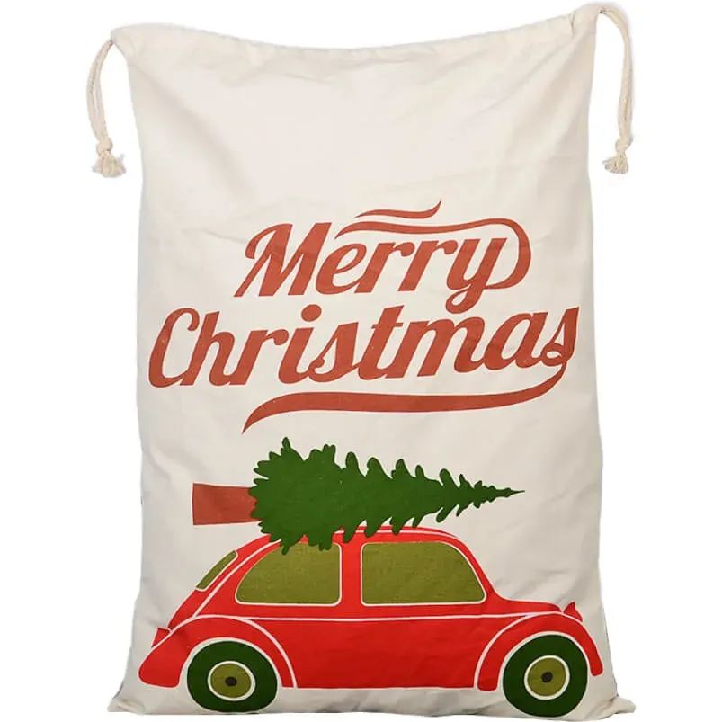 50x70cm Canvas Hessian Christmas Santa Sack Xmas Stocking Reindeer Kids Gift Bag, Cream - Christmas Tree On Car 50x70cm Canvas Hessian Christmas Santa Sack Xmas Stocking Reindeer Kids Gift Bag, Cream - Christmas Tree On Car