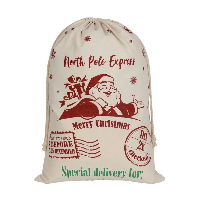 50x70cm Canvas Hessian Christmas Santa Sack Xmas Stocking Reindeer Kids Gift Bag, Cream - North Pole Express (E) 50x70cm Canvas Hessian Christmas Santa Sack Xmas Stocking Reindeer Kids Gift Bag, Cream - North Pole Express (E)