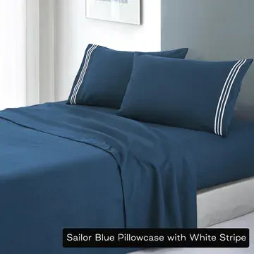 soft microfibre embroidered stripe sheet set king single sailor blue pillowcase white stripe soft microfibre embroidered stripe sheet set king single sailor blue pillowcase white stripe