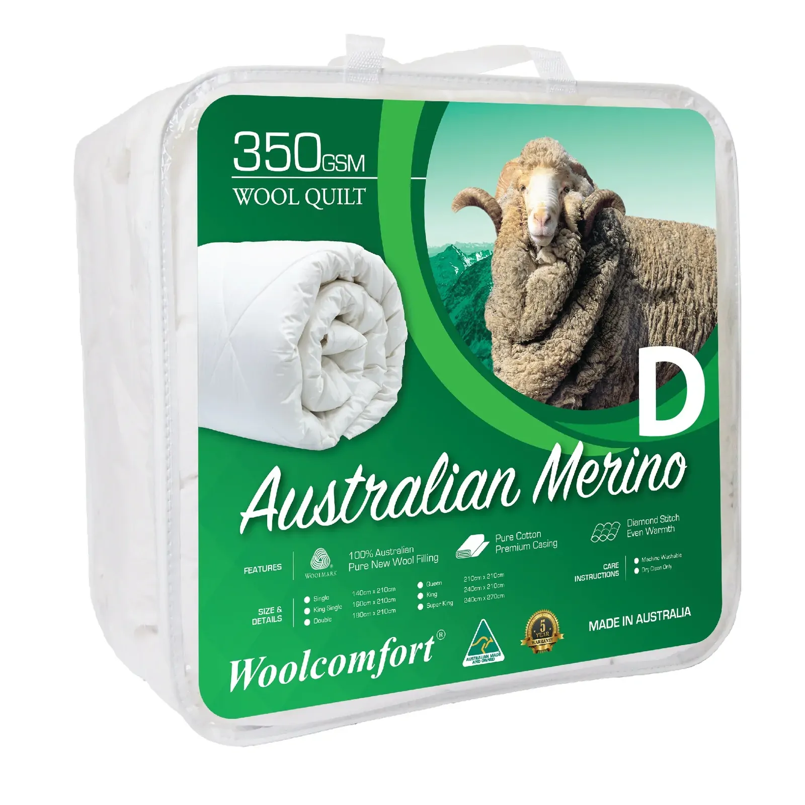 Aus Made Merino Wool Quilt 350GSM 180x210cm Double Size Aus Made Merino Wool Quilt 350GSM 180x210cm Double Size