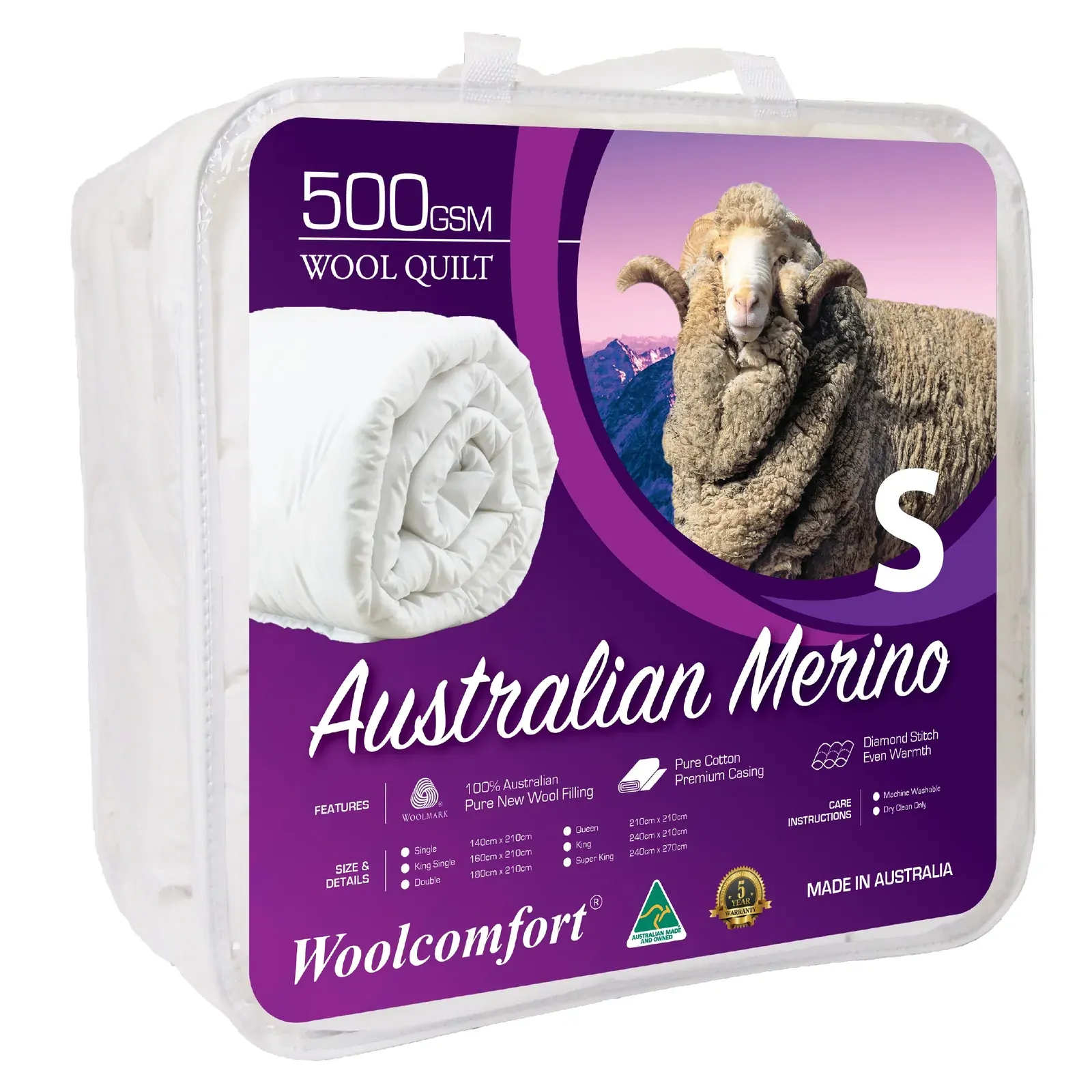 Aus Made Merino Wool Quilt 500GSM 140x210cm Single Size Aus Made Merino Wool Quilt 500GSM 140x210cm Single Size