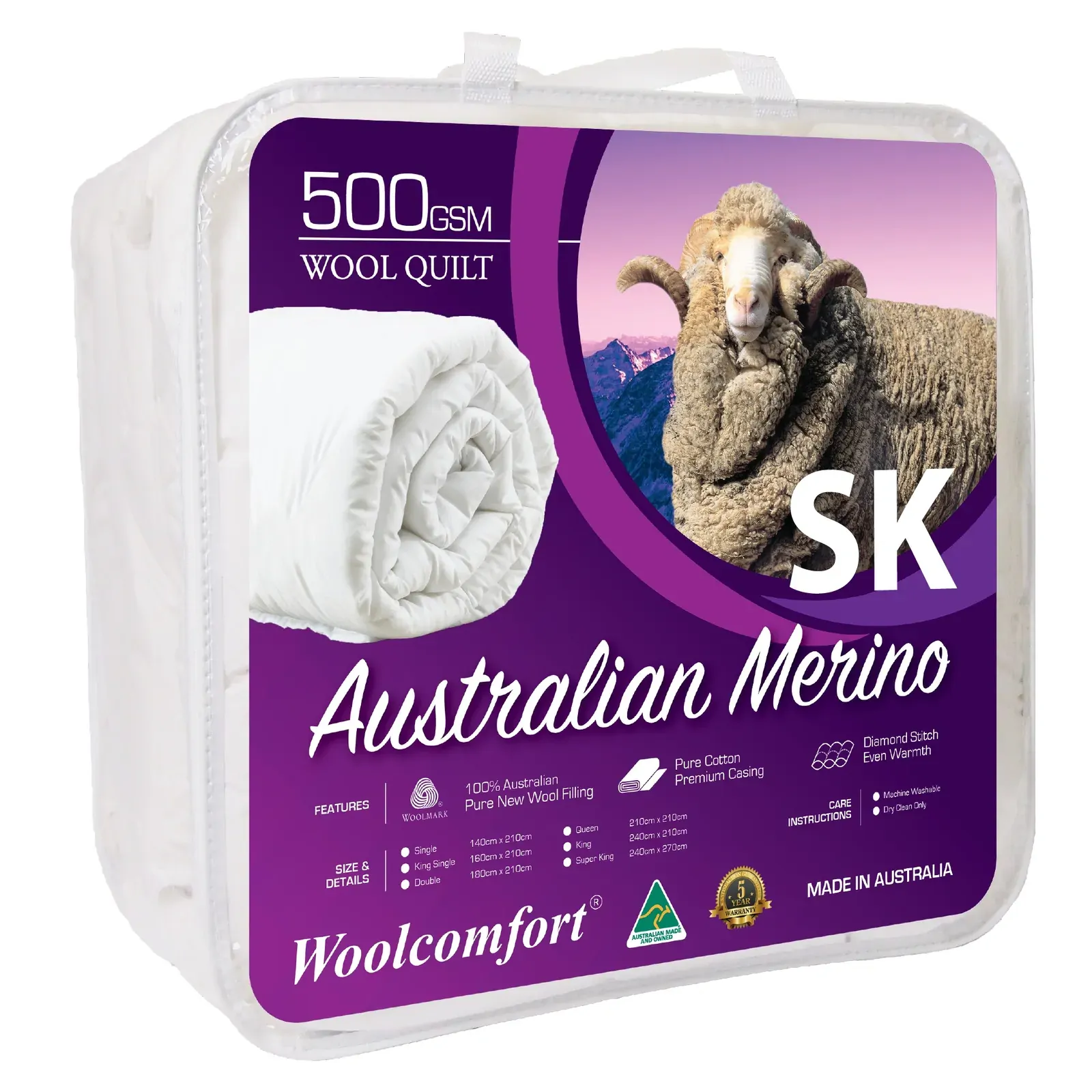Aus Made Merino Wool Quilt 500GSM 270x240cm Super King Size Aus Made Merino Wool Quilt 500GSM 270x240cm Super King Size