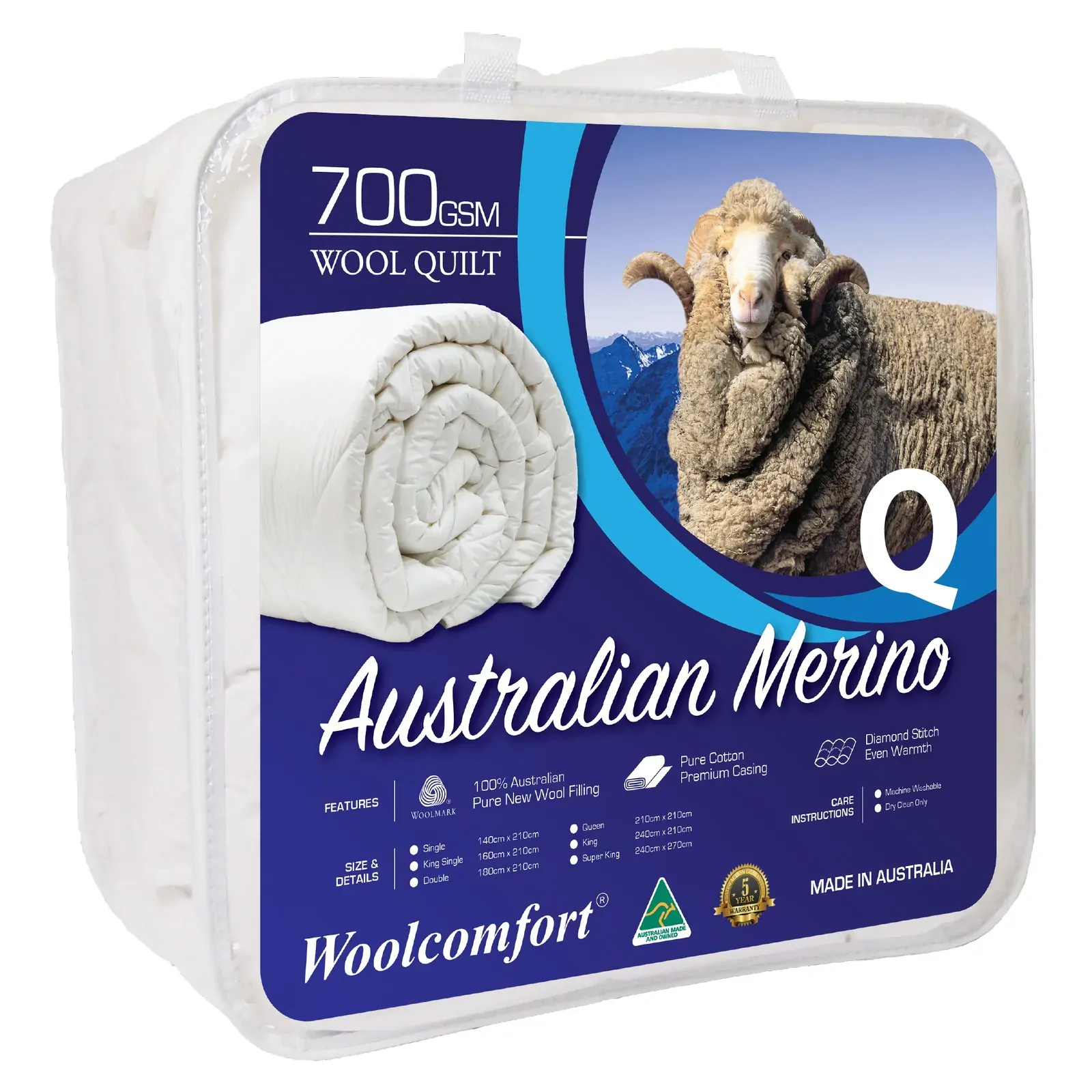 Aus Made Merino Wool Quilt 700GSM 210x210cm Queen Size Aus Made Merino Wool Quilt 700GSM 210x210cm Queen Size