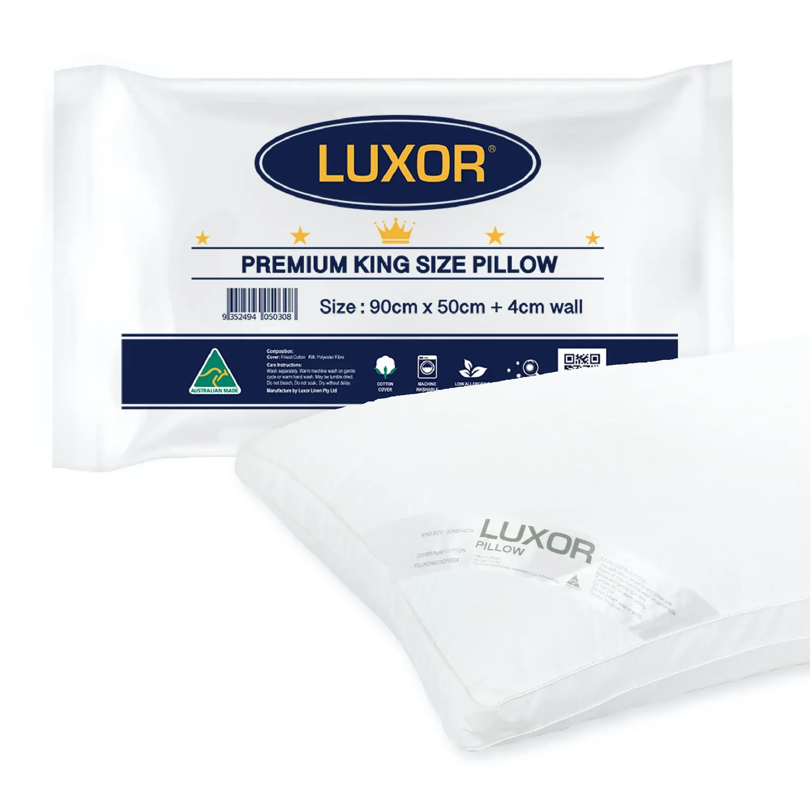 Australian Made Hotel King Size Pillow with 4cm Wall Single Pack Australian Made Hotel King Size Pillow with 4cm Wall Single Pack