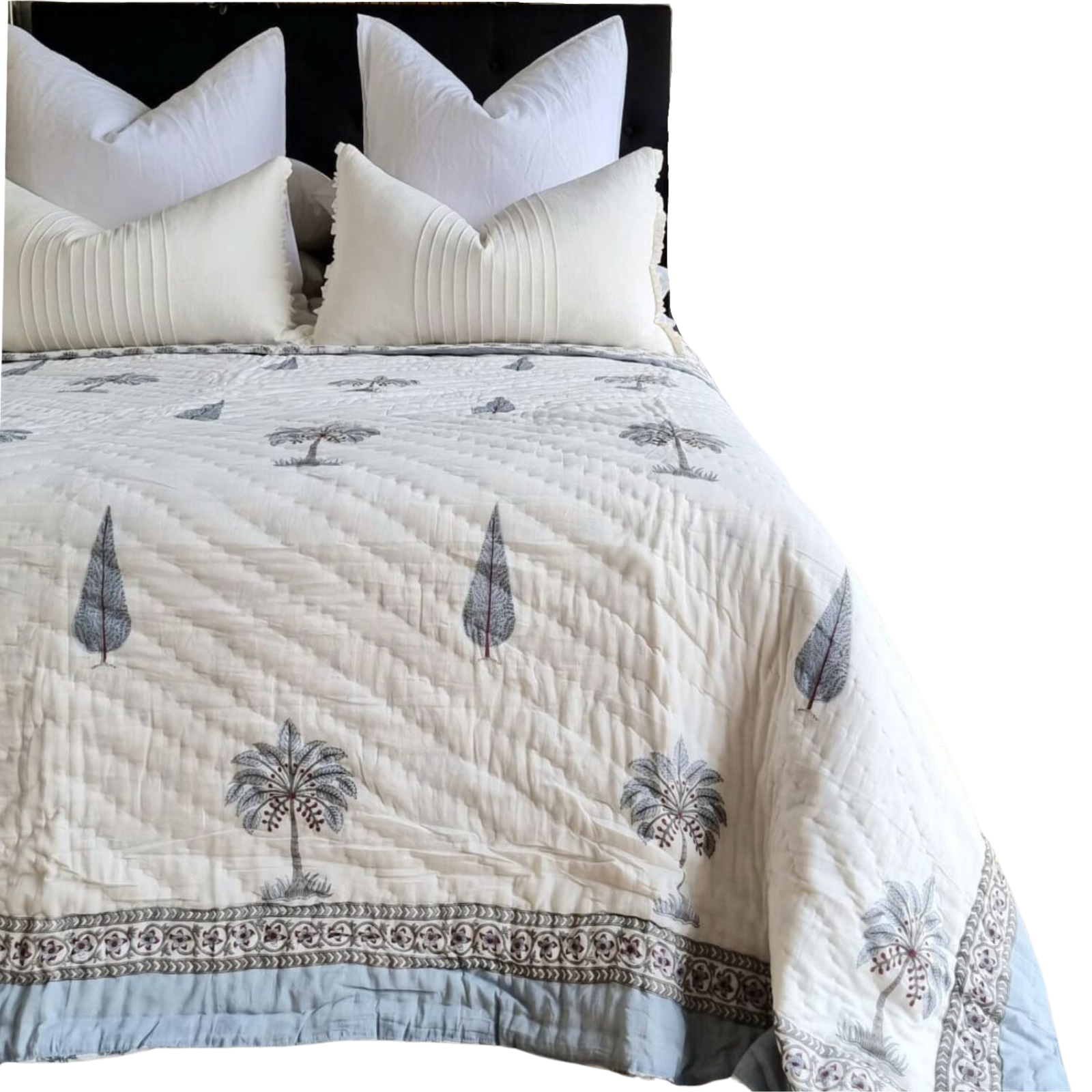 Kolka Palm & Pine Reversible Quilt 100% Cotton Blue - King Size Kolka Palm & Pine Reversible Quilt 100% Cotton Blue - King Size