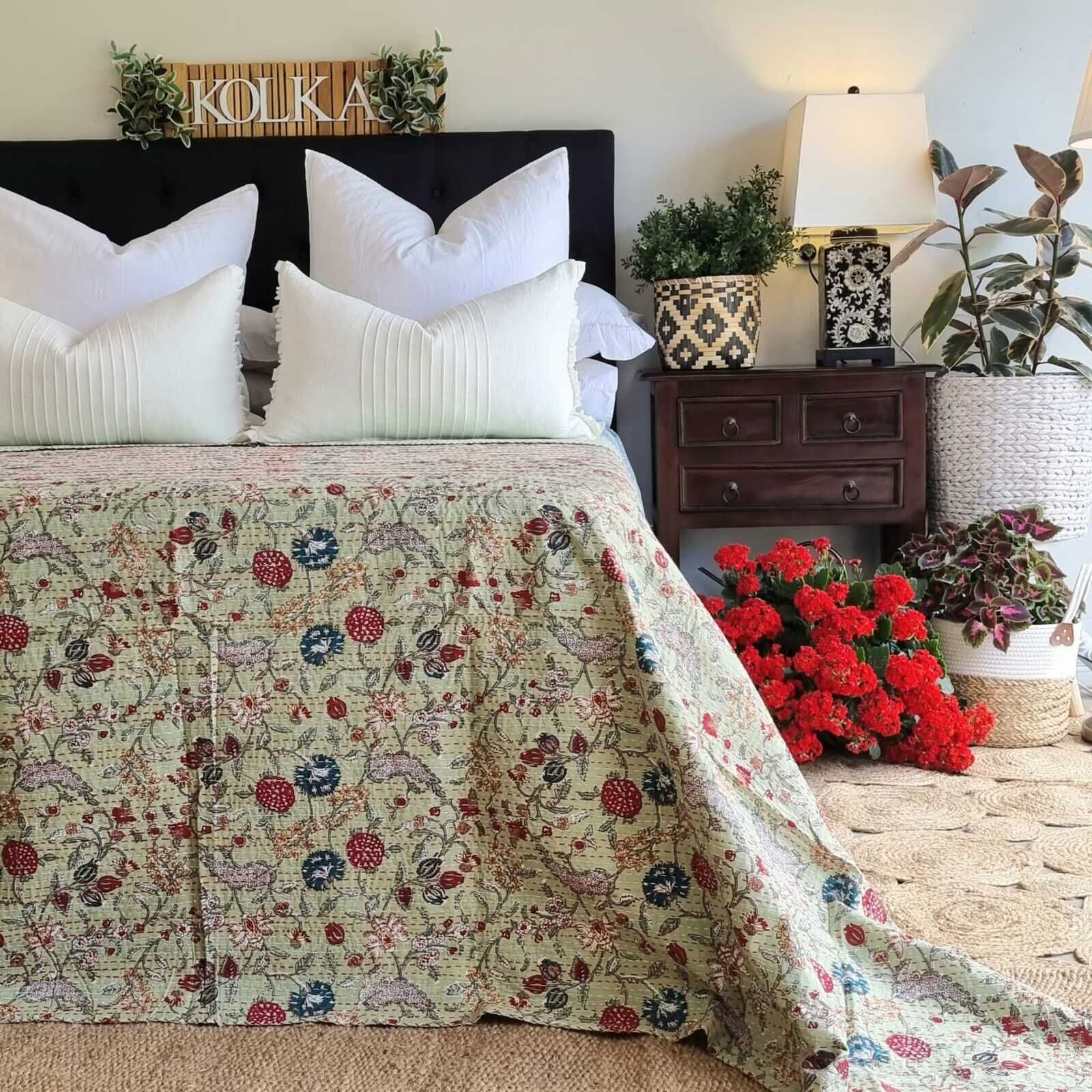 Green Berries Kantha Bedspread Coverlet - Green (King - 228 cm x 274 cm) Green Berries Kantha Bedspread Coverlet - Green (King - 228 cm x 274 cm)