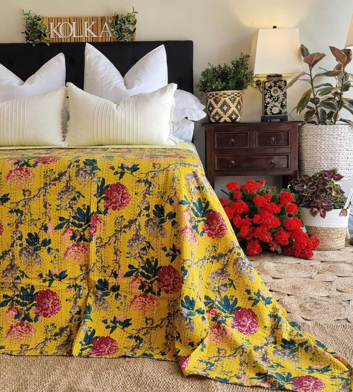 Mustard Peony Kantha Bedspread Coverlet - Mustard (King - 228 cm x 274 cm) Mustard Peony Kantha Bedspread Coverlet - Mustard (King - 228 cm x 274 cm)