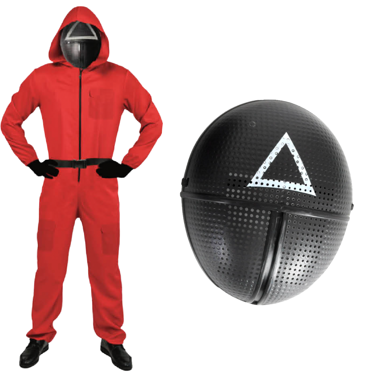Adult Squid Game Guard Tracksuit Red Full Party Costume Set w/ Mask - Triangle Mask - S/M Adult Squid Game Guard Tracksuit Red Full Party Costume Set w/ Mask - Triangle Mask - S/M