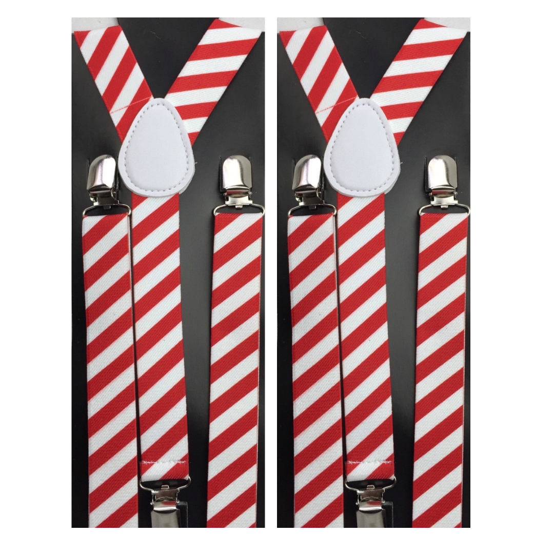2x Mens Suspenders Braces Adjustable Strong Clip On Elastic Formal Wedding Slim - Red/White Diagonal Stripes 2x Mens Suspenders Braces Adjustable Strong Clip On Elastic Formal Wedding Slim - Red/White Diagonal Stripes
