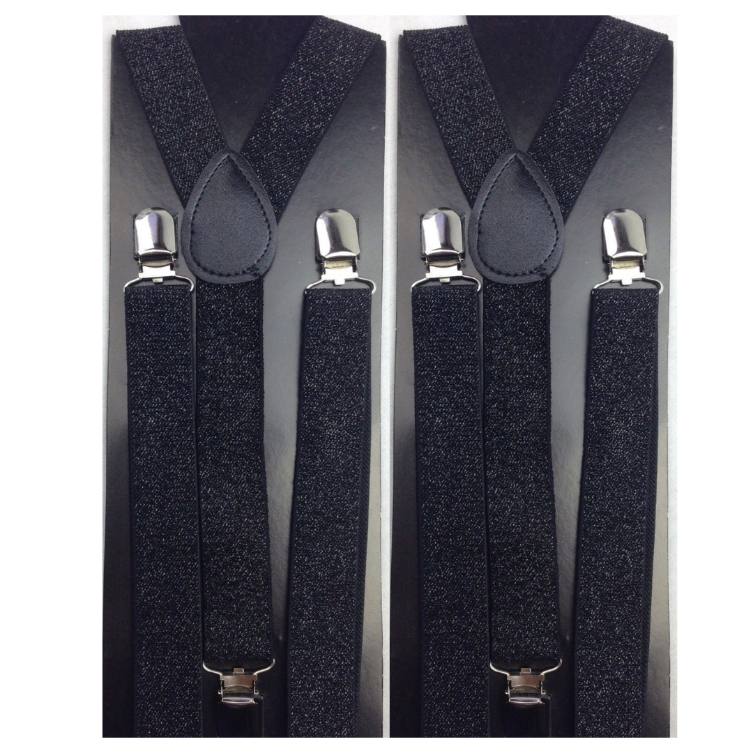 2x Mens Suspenders Braces Adjustable Strong Clip On Elastic Formal Wedding Slim - Black (Glitter) 2x Mens Suspenders Braces Adjustable Strong Clip On Elastic Formal Wedding Slim - Black (Glitter)