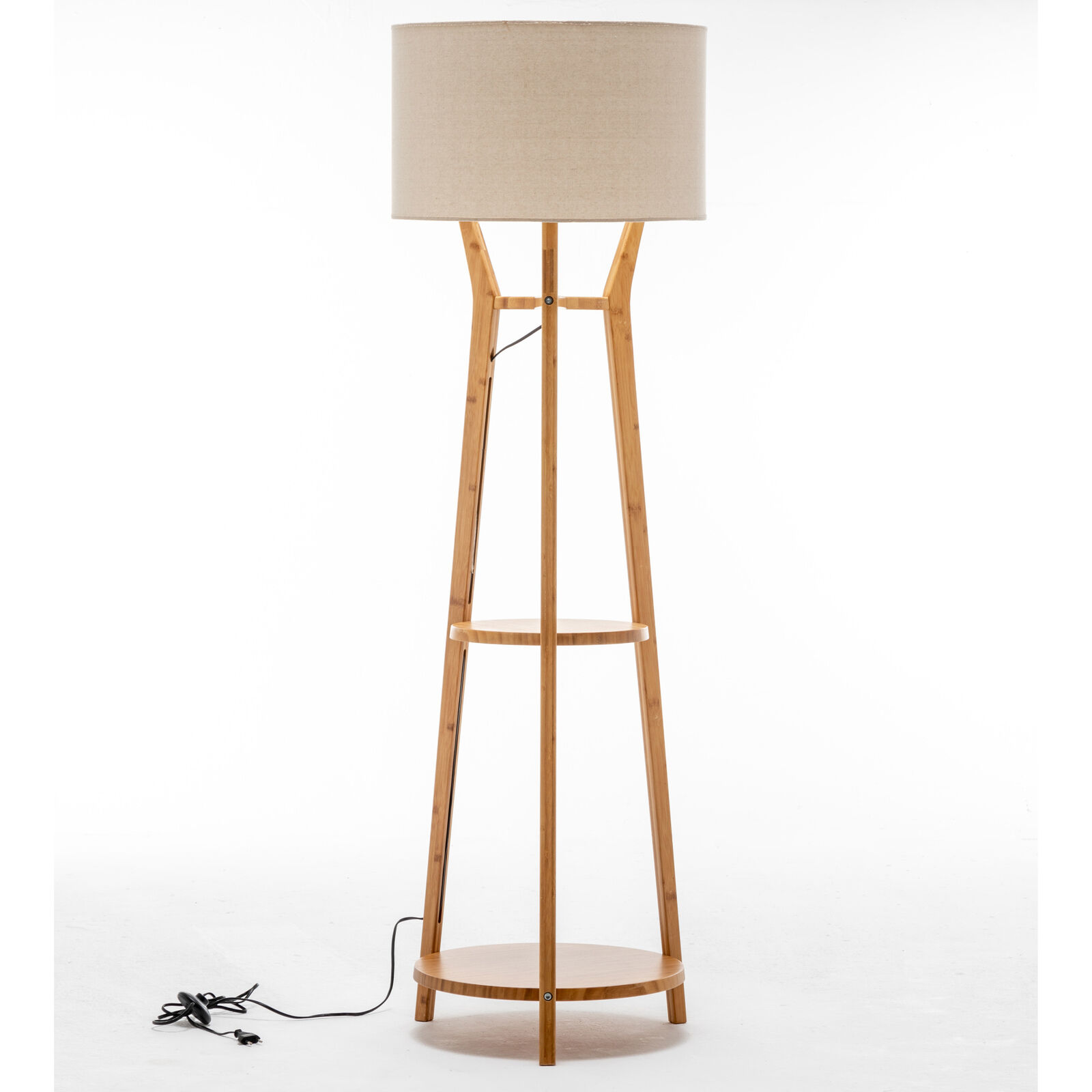 168cm Large Bamboo Wooden Tripod Floor Lamp Light Modern Linen Shade w Shelves 168cm Large Bamboo Wooden Tripod Floor Lamp Light Modern Linen Shade w Shelves