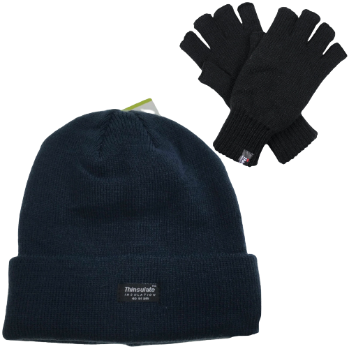 2pcs Set Mens 3M Thinsulate Pull-On Beanie + Knitted Fingerless Gloves 2pcs Set Mens 3M Thinsulate Pull-On Beanie + Knitted Fingerless Gloves