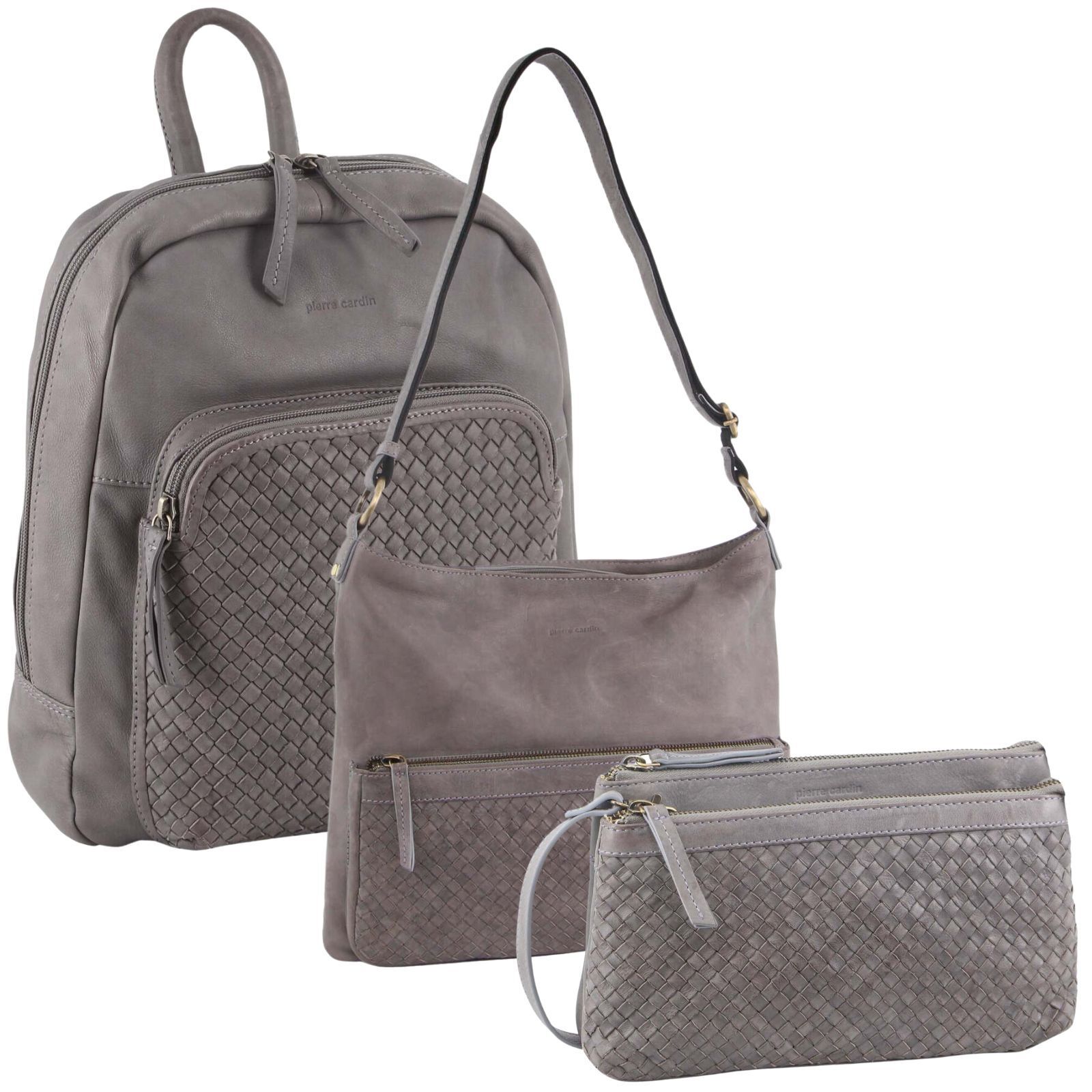 3Pc Set Pierre Cardin Womens Woven Leather Backpack + Cross-Body Bags - Sky Blue 3Pc Set Pierre Cardin Womens Woven Leather Backpack + Cross-Body Bags - Sky Blue